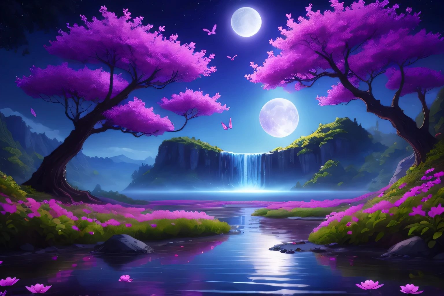fleurs violettes et arbres dans une forêt avec une cascade, bel art uhd 4k, Beautiful backgrounds, dreamscape art, illustration de fond, Belle nuit au clair de lune, very beautiful digital art, travail de'art à couper le souffle en 8,000, Paysage magique, beautiful digital art, gorgeous gorgeous digital art, beautiful digital artwork, Paysage fantastique mystique, beautiful digital painting, anime beautiful scene of peace, Fond magique