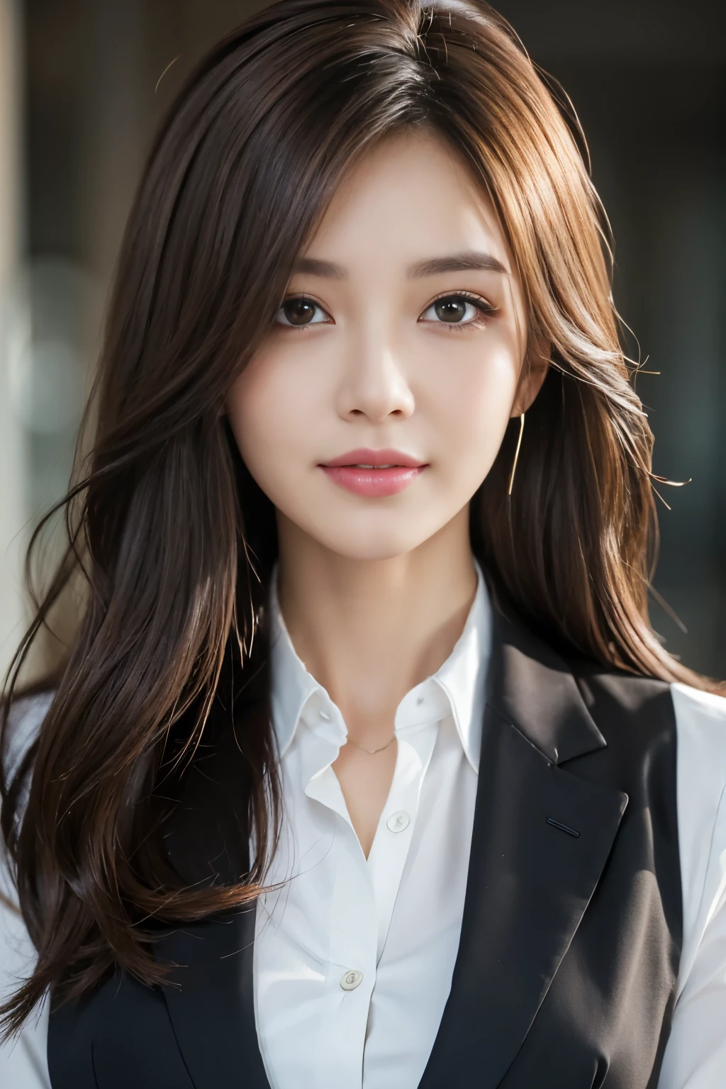 table top, highest quality, realistic, Super detailed, finely, High resolution, 8k wallpaper, 1 beautiful woman,, light brown messy hair, wearing a business suit, sharp focus, perfect dynamic composition, beautiful and detailed eyes, thin hair, Detailed realistic skin texture, smile, close-up portrait, model body shape