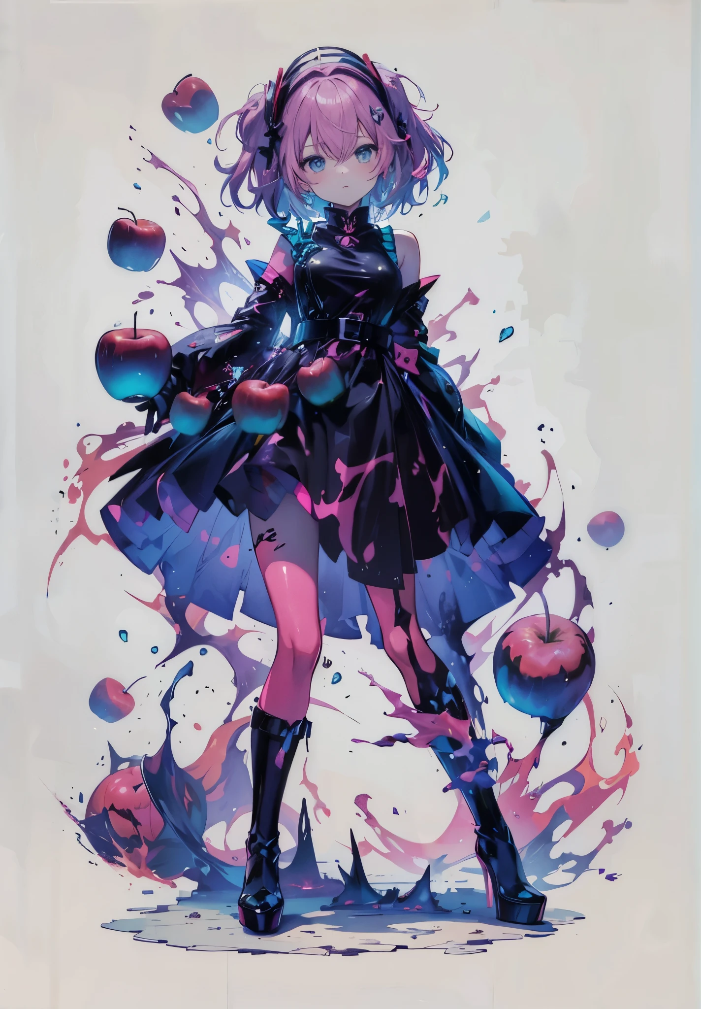 Female surface, female hair fluorescent pink, anime style, molten black costume, fluorescent stockings, poisonous apples, splashes of fluorescent poison, black high heels,
