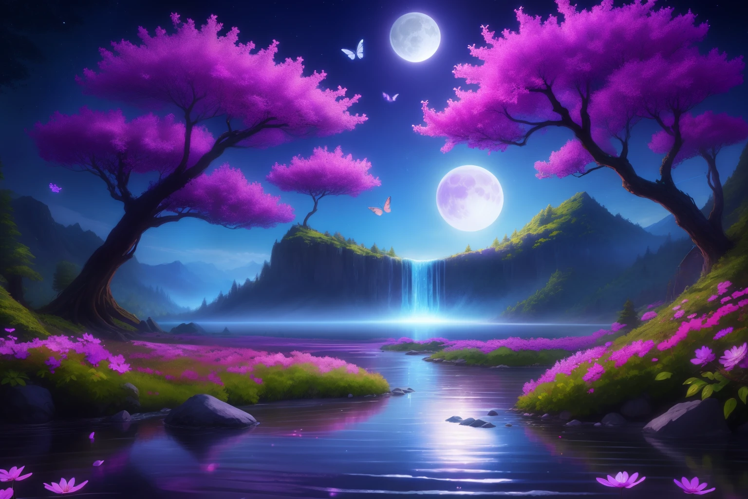 fleurs violettes et arbres dans une forêt avec une cascade, bel art uhd 4k, Beautiful backgrounds, Dream landscape art, Illustration de fond, belle nuit au clair de lune, very beautiful digital art, work of&#39;breathtaking art in 8,000, paysage magique, beautiful digital art, gorgeous gorgeous digital art, beautiful digital artwork, paysage fantastique mystique, beautiful digital painting, anime beautiful scene of peace, Fond magique