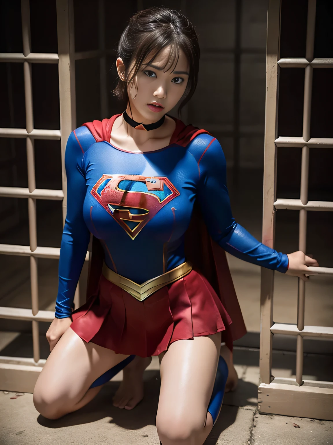 masterpiece、supergirl costume、short hair、barefoot、big and full breasts、Crisis situation、prison、in a cage、imprisonment、prisoner、kneel down、sweaty、shiny、looking at camera、Seduce、choker、long sleeve、red sexy pose、POW camps