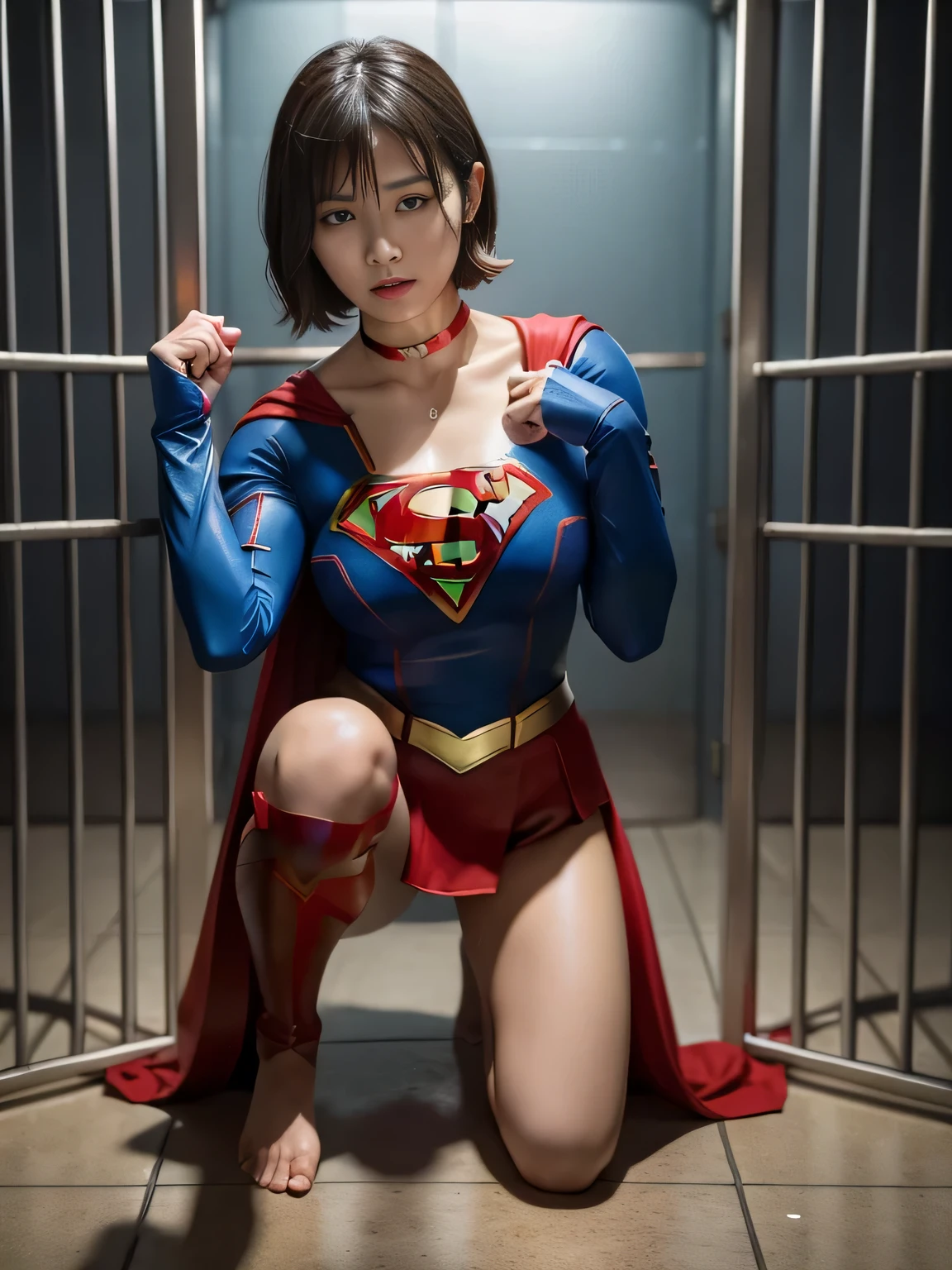 masterpiece、supergirl costume、short hair、barefoot、big and full breasts、Crisis situation、prison、in a cage、imprisonment、prisoner、kneel down、sweaty、shiny、looking at camera、Seduce、choker、long sleeve、red sexy pose、POW camps