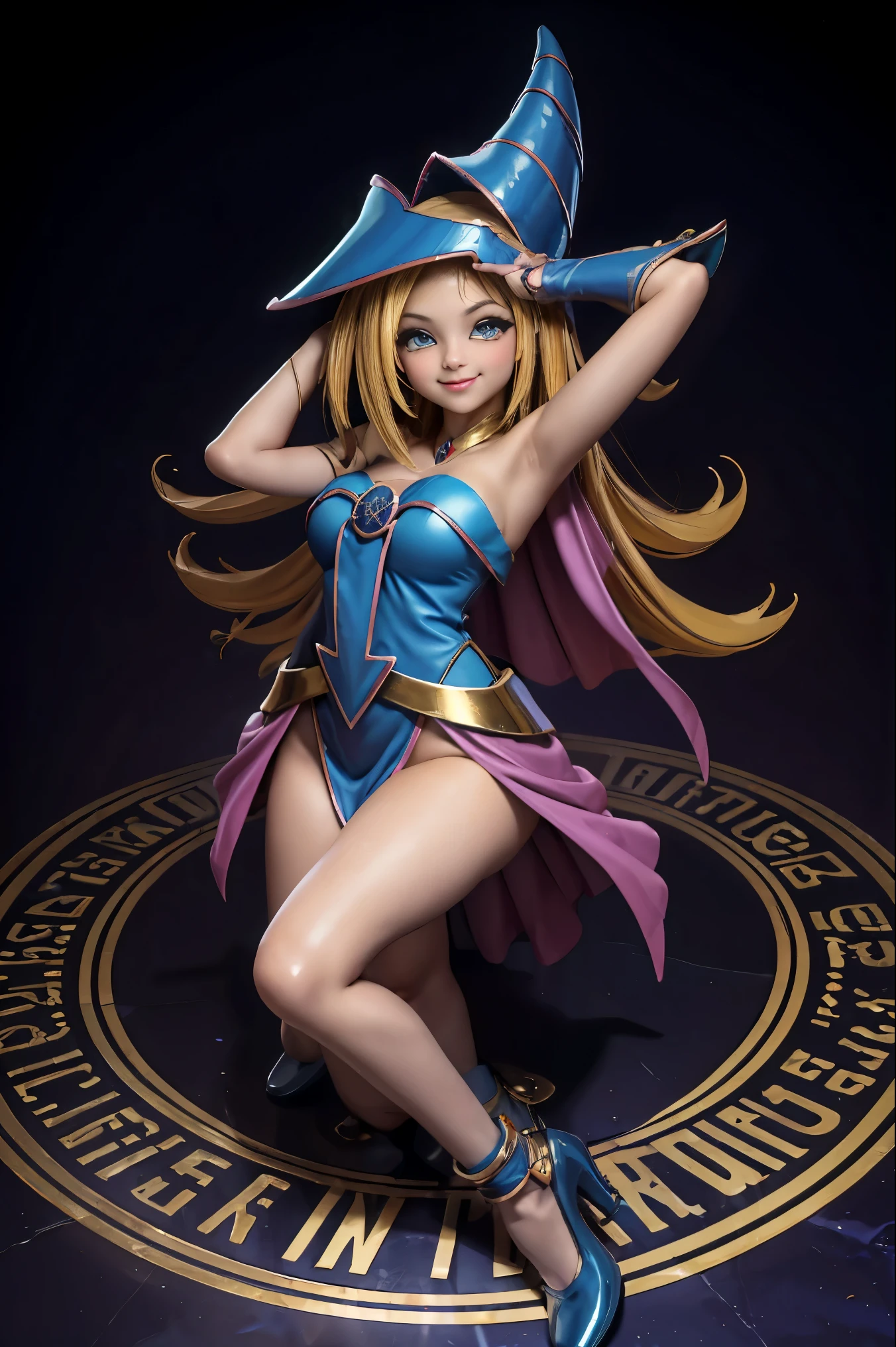 Dark magician gils en el aire, she comes out of a magic circle of heart. Magic hearts background. Sonrisa en sus labios. Ojos celestes. Cabello dorado. Pose sensual. Levitando en una pie. Tiene tacones. Usa tacones azules y dorados . Usa tacones 