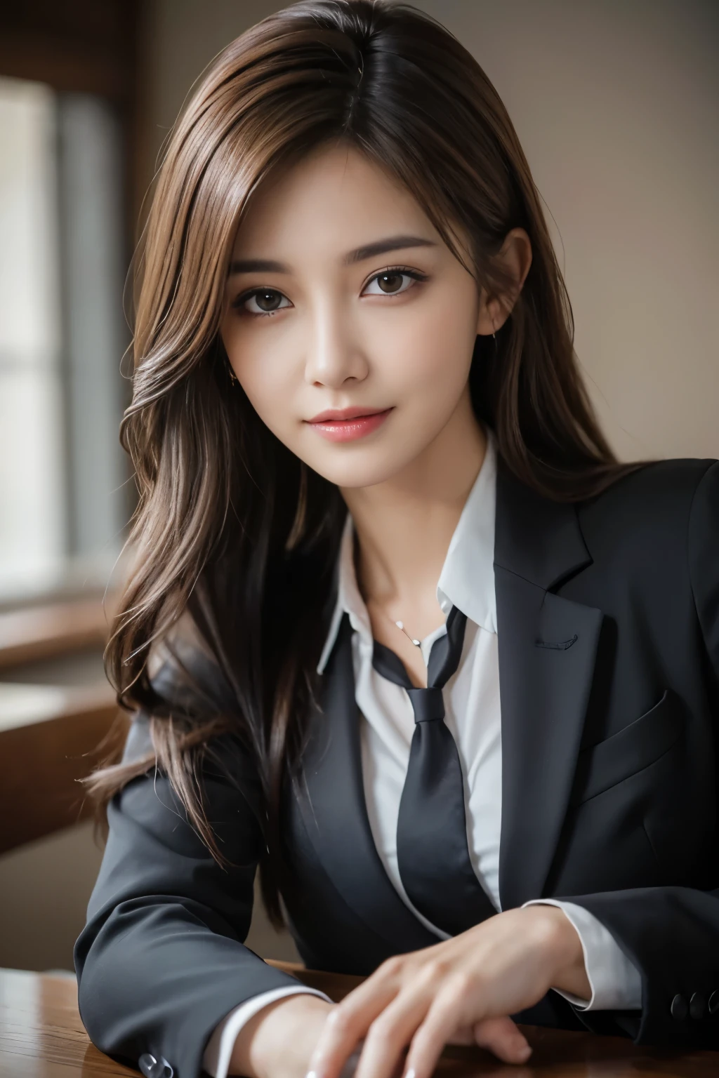 table top, highest quality, realistic, Super detailed, finely, High resolution, 8k wallpaper, 1 beautiful woman,, light brown messy hair, wearing a business suit, sharp focus, perfect dynamic composition, beautiful and detailed eyes, thin hair, Detailed realistic skin texture, smile, close-up portrait, model body shape