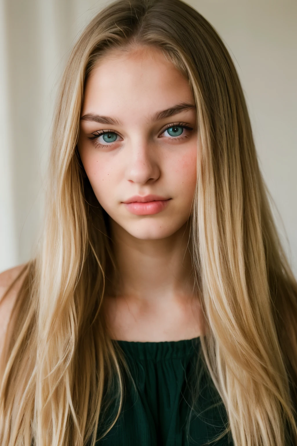 super cute girl 18 years old, green eyes, long hair, blonde, moderately plump lips, Shy look, portrait, Look in the camera, full face