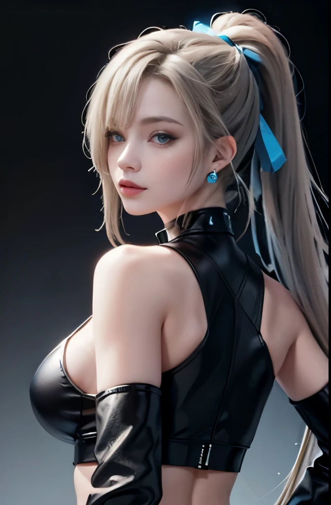 1 girl, aqua eye, return, big breasts, bare shoulders, black gloves, blue eyes, ( Ichinose Asuna, Blue archive), choker, earrings, fingerless gloves, from behind, gloves, gray hair, holding, Jacket, jewelry, long hair, looking at the viewer, looking return, nail polish, off shoulder, parted lips, earrings, ponytail, red Jacket, alone, Upper body,he didn&#39;t,[[realistic]],(shiny skin),(masterpiece:1.4),(highest quality:1.4)