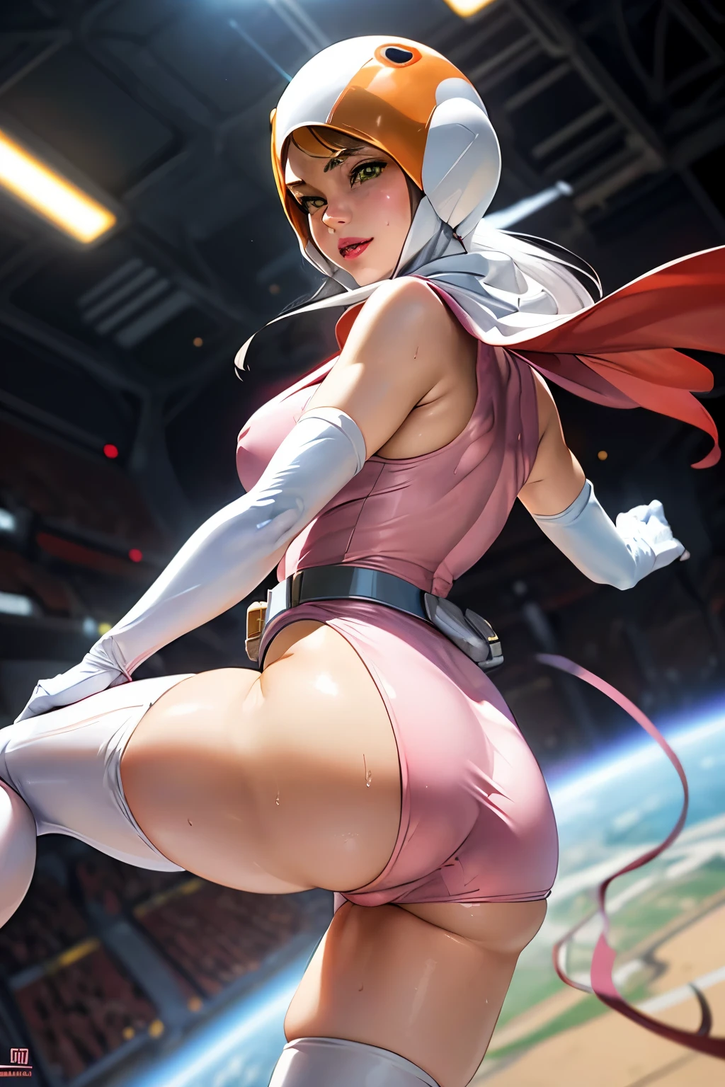 ANI_CLASSIC_jun_gatchaman_ownwaifu,1girl, 18yo,good anatomy, masterpiece, best quality,realistic, hyperrealistic, 16k hdr,
long hair,breasts,green eyes,lips,large breasts,lipstick,makeup,gloves,cape,helmet,belt,elbow gloves,white gloves,mask,ultra miniskirt,leotard,spacesuit,white legwear,pink dress,superhero,bodysuit,cleavage,erected nipples,(fighting pose,kicking:1.3),from below,(spread legs:1.1),cameltoe,sweat,smile,space ship,see through nipples,hand up,(from behind,looking back,ass:1.3)