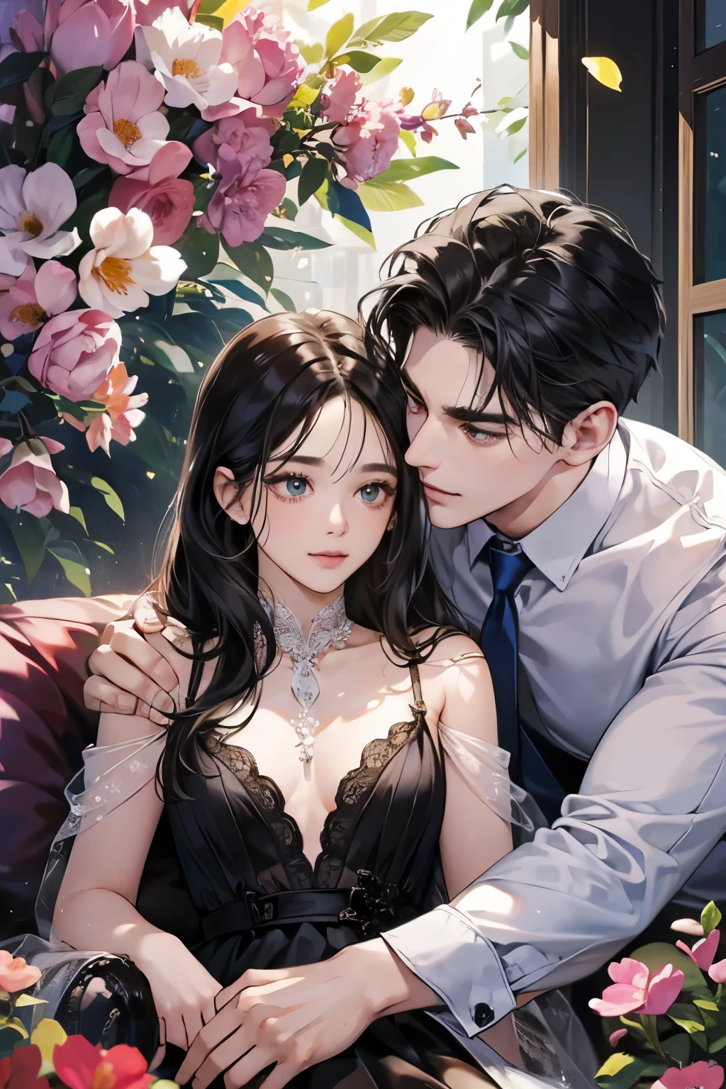 (table top, digital art, digital illustration, 4k, 8k, Super detailed, beautiful images, clear image, realistic, RAW photo, perfect face, perfect lines, perfect eyes, soft lighting) ,1 female, (long black hair,straight hair,bullish look,Beautiful woman,grace,Make up well,19 year old woman,small breasts:1.3),Two handsome men in suits, (human,muscular,solid shoulder width, human,boyish hairstyle,English gentleman'Style,A man in his 30s with a cool expression,28-year-old man with bright smile:1.2),白い歯を見せてsmile(embarrassing,shy smile:1.1),garden full of light、resort sofa、colorful flowers、smile,couple、coupleキス、romance porn、wedding