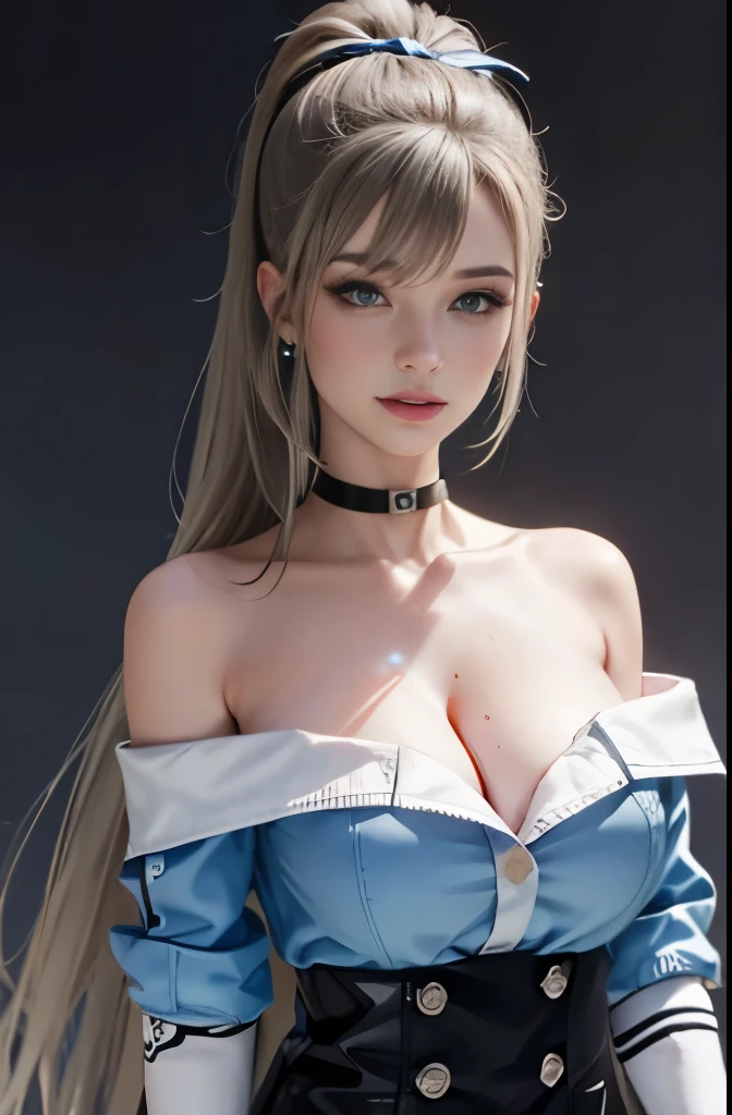 1 girl, aqua eye, return, ((big breasts)), bare shoulders, black gloves, blue eyes, ( Ichinose Asuna, Blue archive), choker, earrings, fingerless gloves, from behind, gloves, gray hair, holding, Jacket, jewelry, long hair, looking at the viewer, looking return, nail polish, off shoulder, parted lips, earrings, ponytail, red Jacket, alone, Upper body,he didn&#39;t,[[realistic]],(shiny skin),(masterpiece:1.4),(highest quality:1.4)