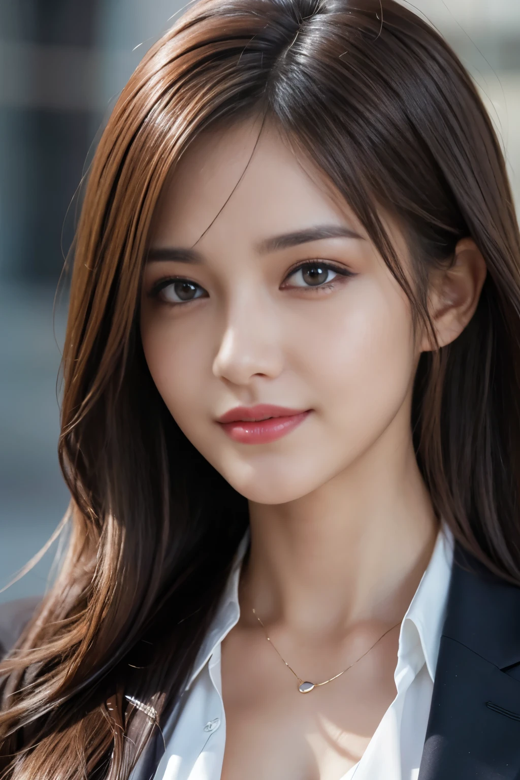 table top, highest quality, realistic, Super detailed, finely, High resolution, 8k wallpaper, 1 beautiful woman,, light brown messy hair, wearing a business suit, sharp focus, perfect dynamic composition, beautiful and detailed eyes, thin hair, Detailed realistic skin texture, smile, close-up portrait, model body shape