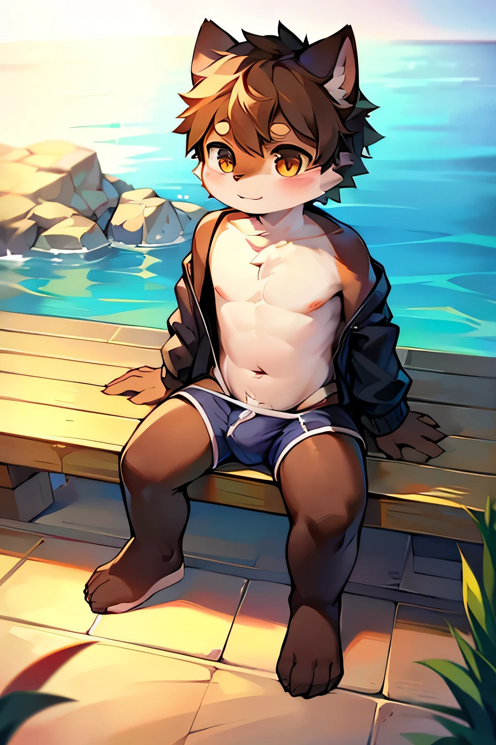 hairy,Shota,swim,(best quality),(masterpiece),Wear only briefs,no shirt,No coat,sitting,(wide view)