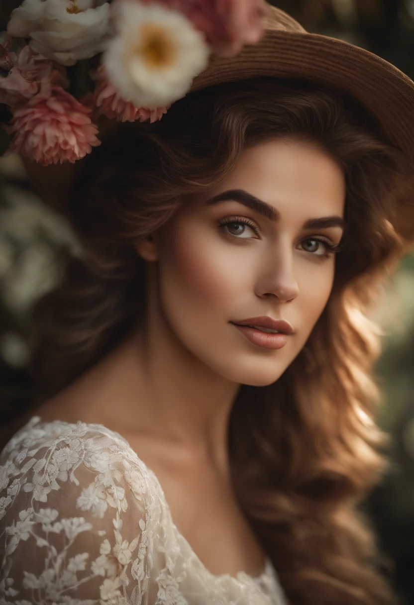 "Mulher no barco de madeira estilo de casa vintage com flores no cabelo, Fotografe em cenas lindamente detalhadas,bem iluminado. Images have realistic and highly artistic qualities, Semelhante a uma obra-prima. A mulher estava feliz, O fundo tem um fundo branco limpo, reminiscente de desenhos de adesivos."