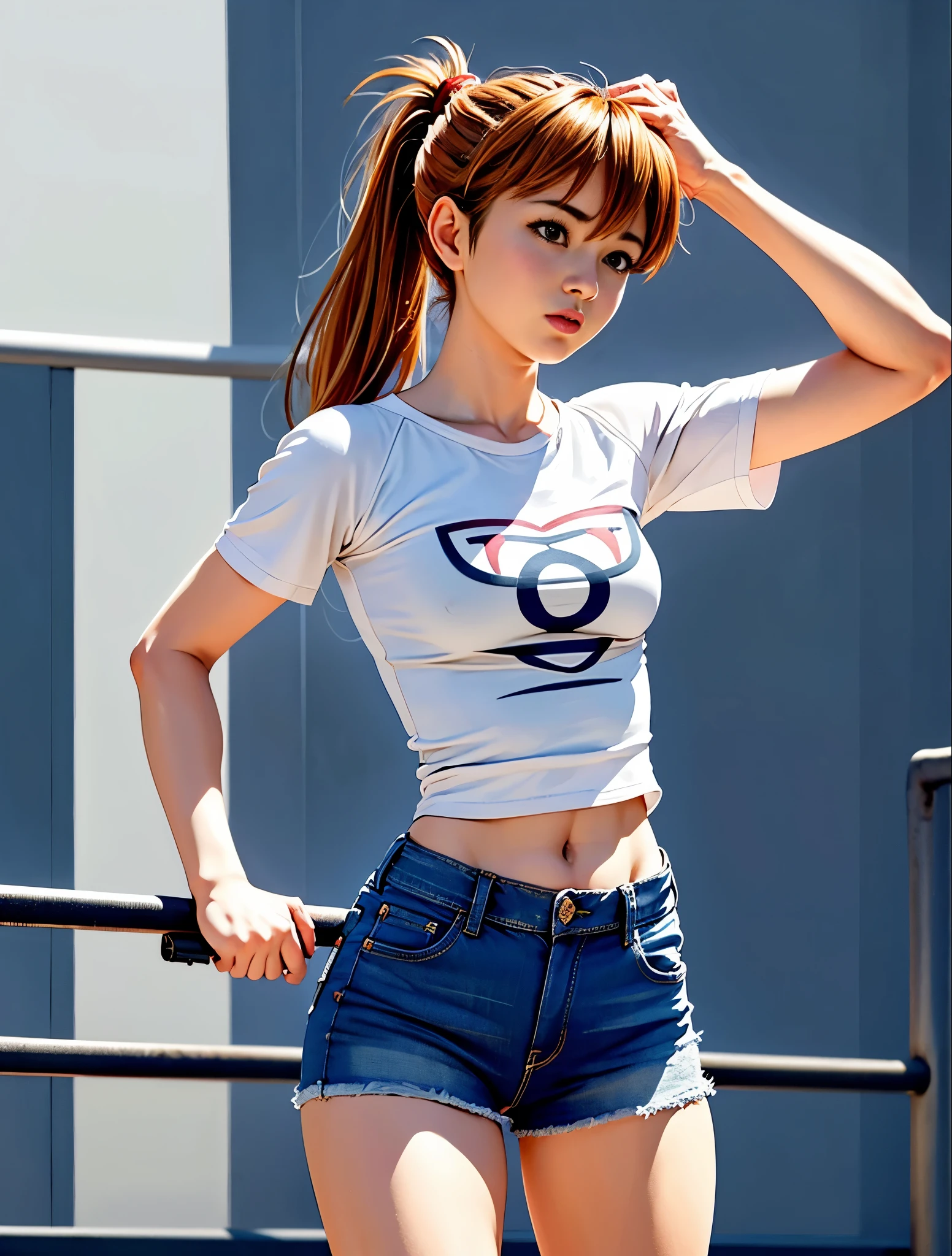 白いシャツとデニムmini skirtを着たアラッフェのアジア人女性, She opens her legs and shows her panties.、タイトなmini skirt、Asuka Langley with ponytail、Realistic anime 3d style, korean girl, mini skirt、wears tight and simple clothes, casual clothesを着ている, realistic!!!!!!! art style, 超mini skirt、tight shirt, wearing tight shirt, Arab Asian woman with gorgeous long hair and white shirt, デニムのmini skirt、超mini skirt、デニムのmini skirt、casual clothes装, casual clothes, crop topを着ている, tight shirt, wears tight and simple clothes, wearing a torn crop t-shirt, white trendy clothes, wearing casual clothes装, ( ( ( wearing jeans ) ) ), korean female fashion model, casual clothes style, wearing tight shirt, crop top