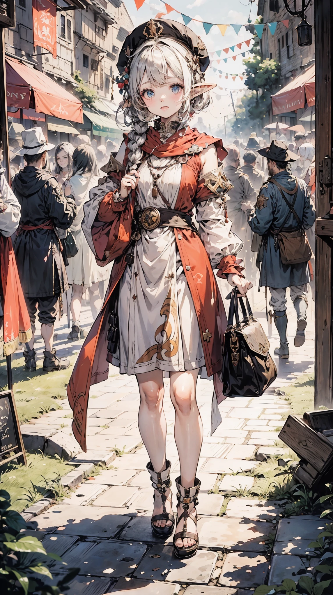 Elf Girl white hair.,colorful eyes, ((full body)), (perfect_fingers:1.0), (perfect_legs:1.0), More_Detail, better_hands. sunrise,beautiful sky ,colorful sky, medieval outfit , people in background,inside a tavern ,medieval tavern, adventurers
