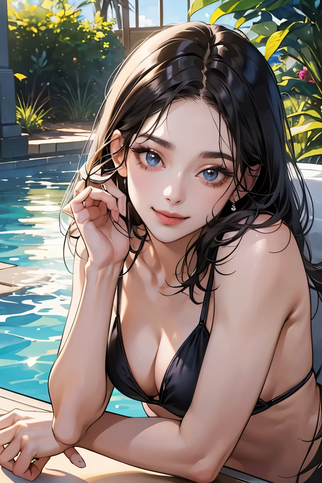 (table top, digital art, digital illustration, 4k, 8k, Super detailed, beautiful images, clear image, realistic, RAW photo, perfect face, perfect lines, perfect eyes, soft lighting) ,1 female, (long black hair,straight hair,bullish look,Beautiful woman,grace,Make up well,19 year old woman,small breasts:1.3),Two handsome men in suits, (human,muscular,solid shoulder width, human,boyish hairstyle,English gentleman'Style,A man in his 30s with a cool expression,28-year-old man with bright smile:1.2),白い歯を見せてsmile(embarrassing,shy smile:1.1),garden full of light、resort sofa、colorful flowers、smile,couple、coupleキス、romance porn、pool、poolで泳ぐ、swimsuit