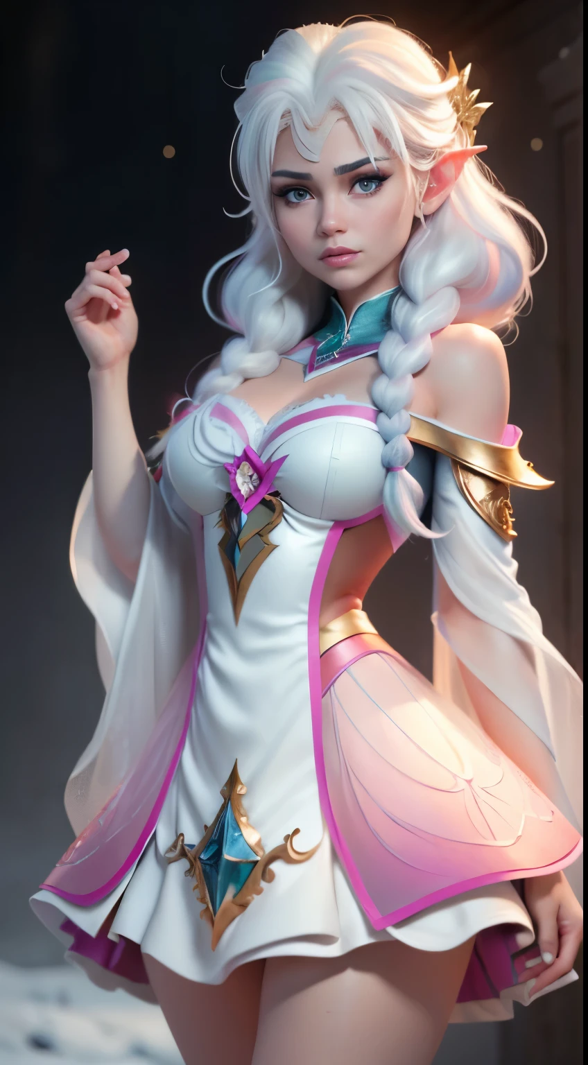 (Komi-san-Elsa frozen Disney mezclando modelos .) (ultra FUSION of white and pink hair) Highly detailed CG unity 8k wallpaper, style shot, complex, high detail, dramatic, highest quality movie still image, very detailed, masterpiece, best quality, character design, Elsa, Elsa from Frozen,Komi-san fusion (( Dark style)), realistic ultra-detailed rendering style, natural light, sharp character design, (hard focus, 8k), (((natural skin texture))), 8k textures, soft cinematic lighting, adobe lightroom, dark room, hdr, Sophisticated, Elegant, Rich Detail, Sharp Focuilm Look) )), Soothing Tones, Detail Frenzy, Intricate Detail, Super Detail, Low Contrast, Soft Film Lighting, Dull Colors, Exposure Blending, HDR, Fade, 35mm, f/1.4, ISO64, f16, 25 sec.