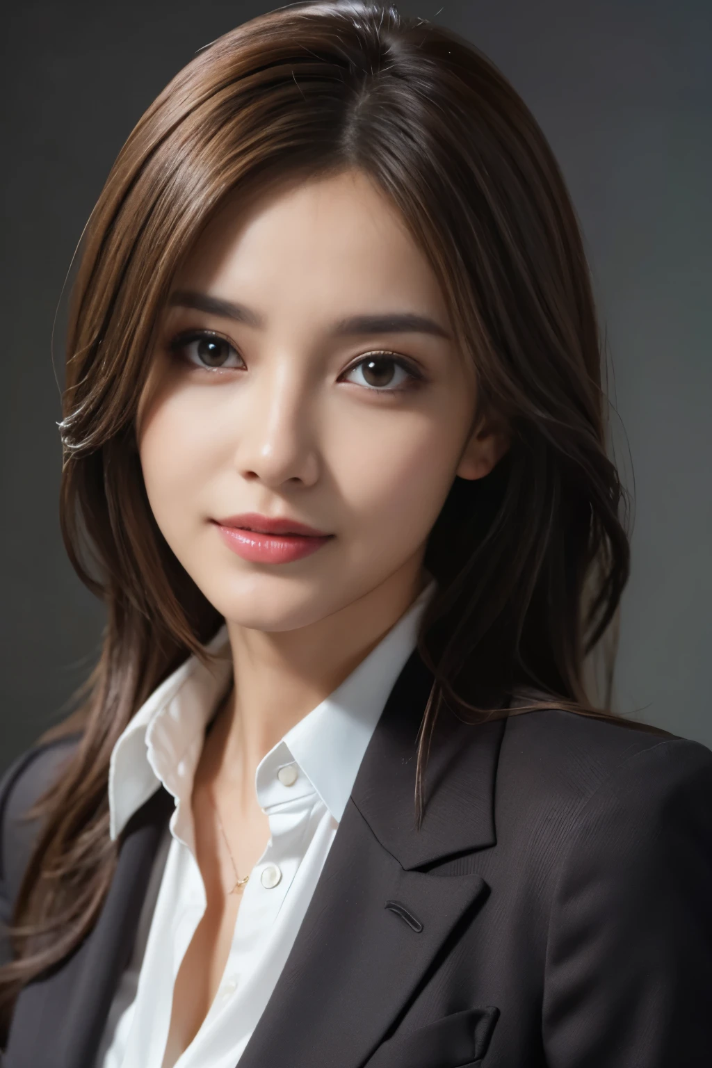 table top, highest quality, realistic, Super detailed, finely, High resolution, 8k wallpaper, 1 beautiful woman,, light brown messy hair, wearing a business suit, sharp focus, perfect dynamic composition, beautiful and detailed eyes, thin hair, Detailed realistic skin texture, smile, close-up portrait, model body shape