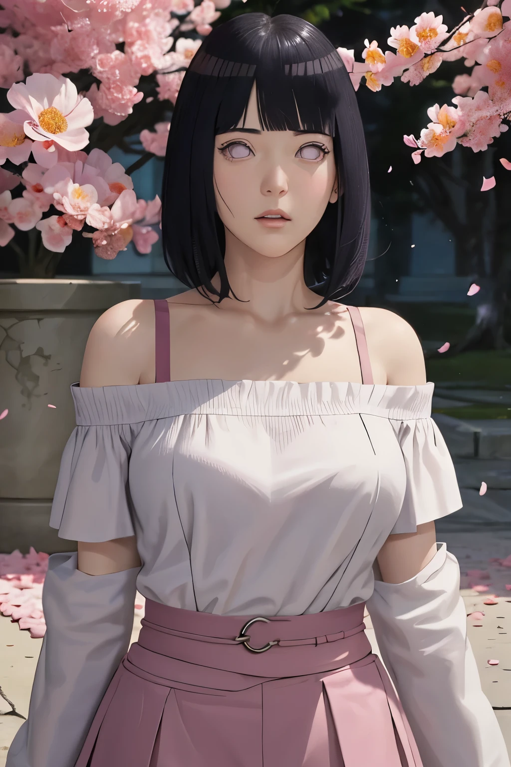 masterpiece, absurdres, hinata\(boruto\), 1girl, solo,mature female, off-shoulder strap bra, high waist short skirt, looking at viewer, (falling petals), perfect composition, detailed lips, big breast, beautiful face, body propotion, blush, (pink lips), long hair, purple eyes, soft gaze, super realistic, detailed, photoshoot, realistic face and body,