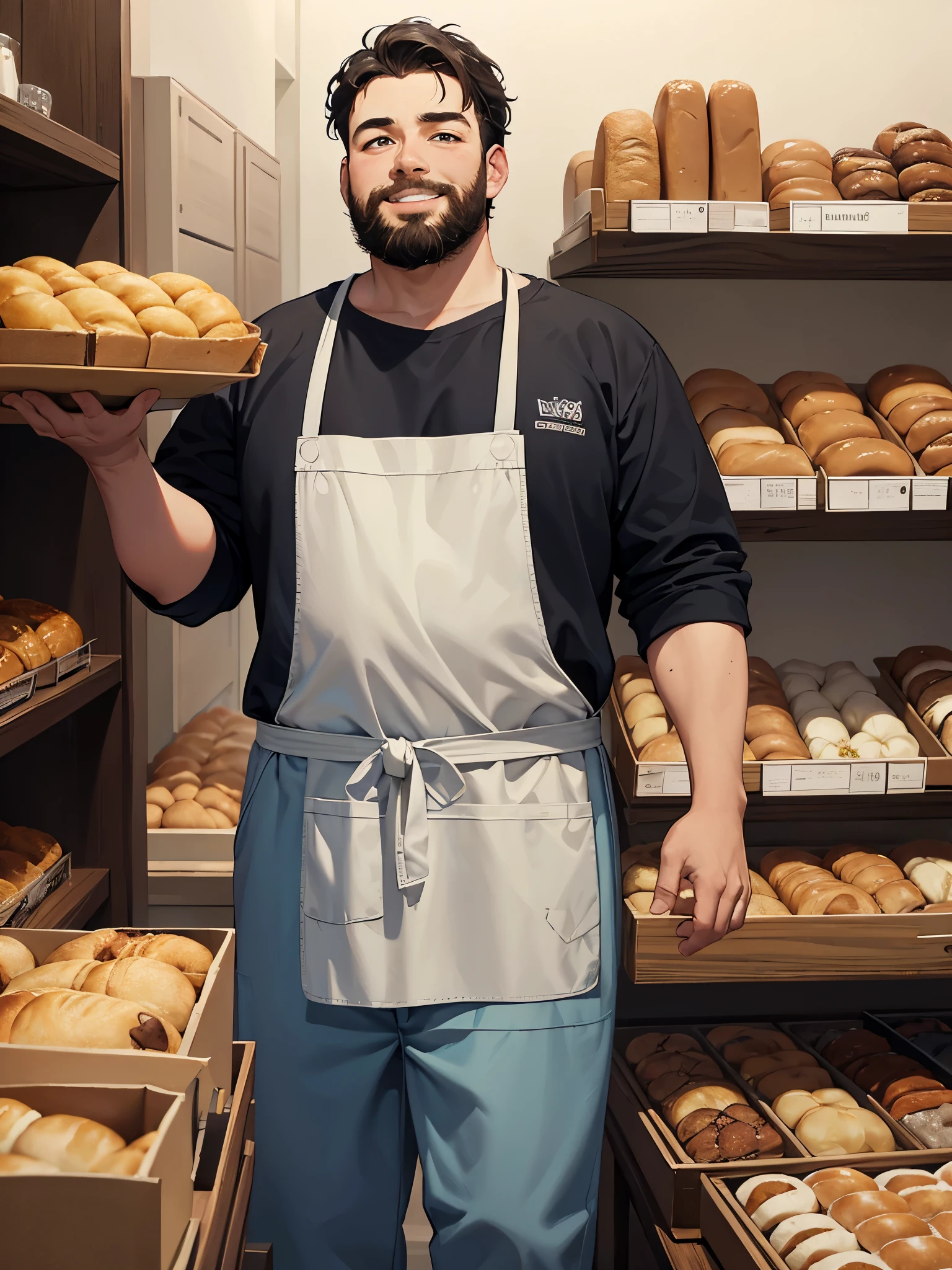 (masterpiece, best quality), best resolution, obese man in mid-40s, baker, dark brown hair, mullet, beard, green eyes, grinning, happy, holding a loaf of bread, white shirt, black apron, blue baggy pants, bakery, shelves with assorted loaves of bread