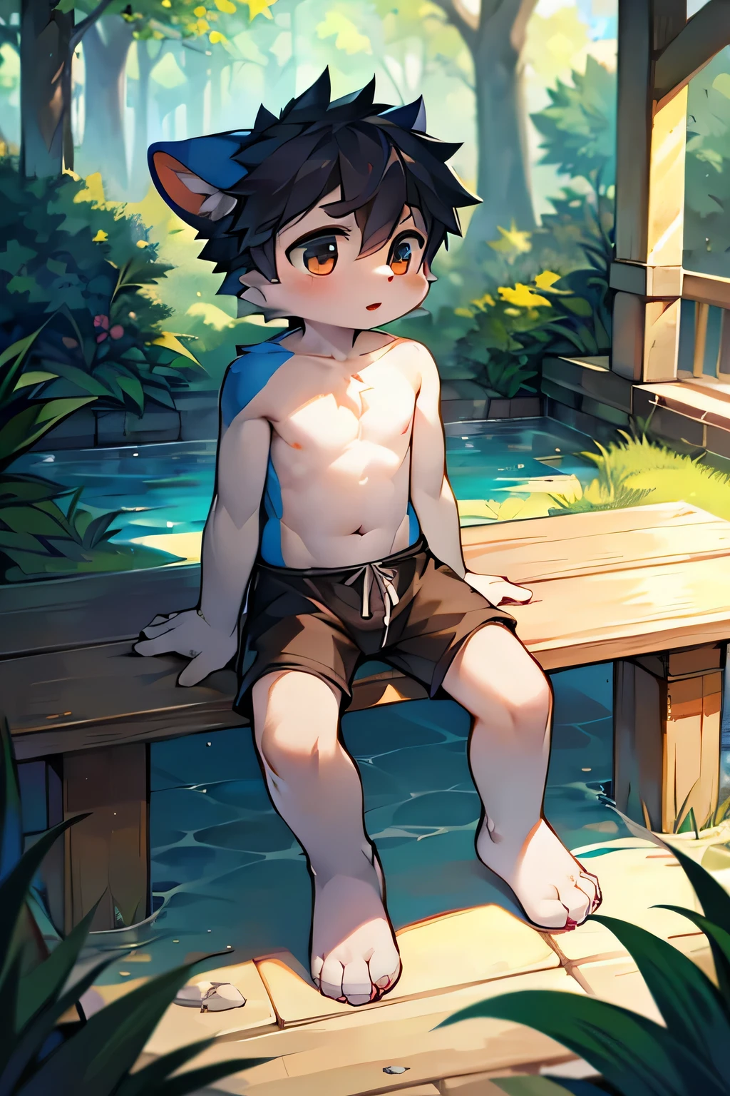hairy,Shota,swim,(best quality),(masterpiece),Only wear clothes,no shirt,No coat,sitting