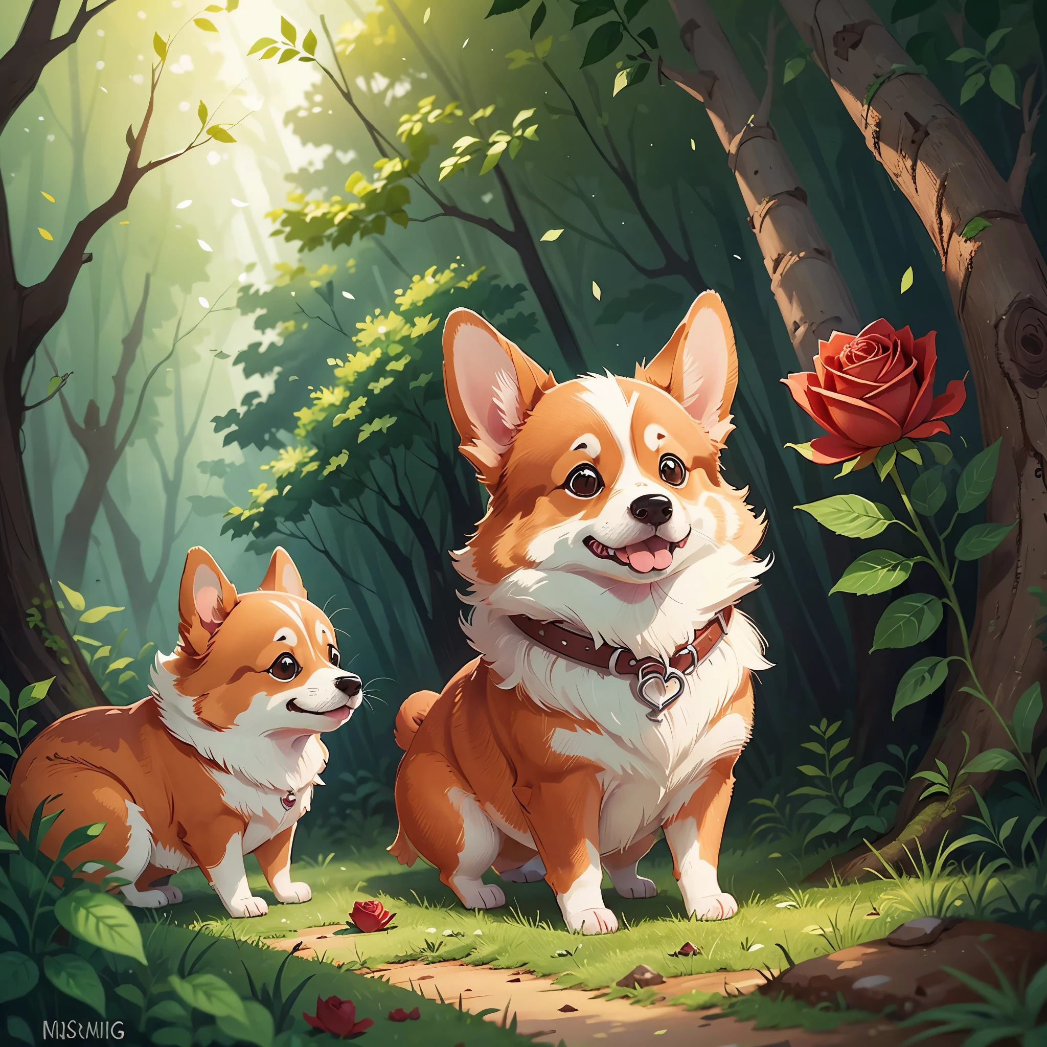 one cute Corgis dog,in the forest,He saw a beautiful rose