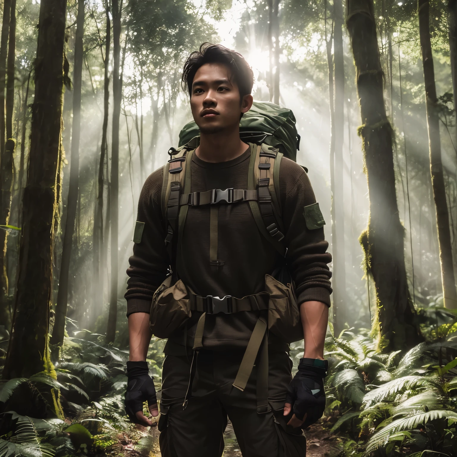 full body, cinematic portrait of Indonesian man wearing mountain boots, standing in the forest carrying backpack, his outfit shows that he is climber, in cycloop green forest, sunlight from gaps in the trees, advertising shooting, reallistic, HD quality