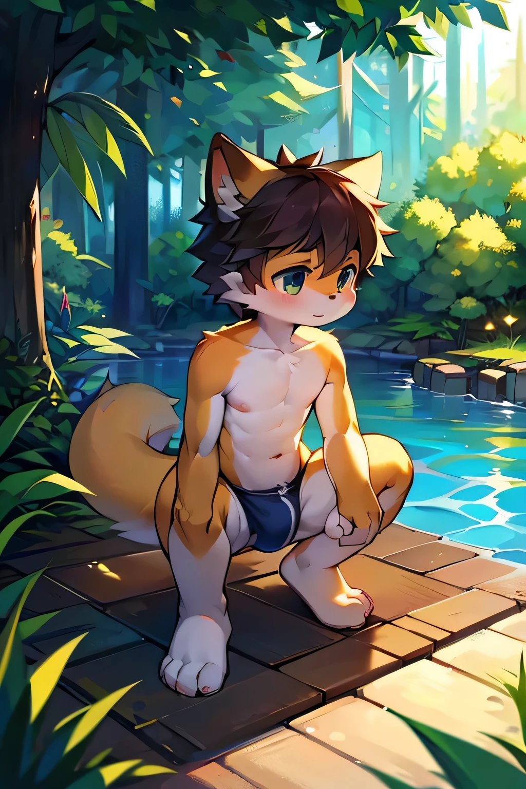 hairy，Shota，swim，（best quality），（masterpiece），Wear only briefs，no shirt，No coat,Squatting