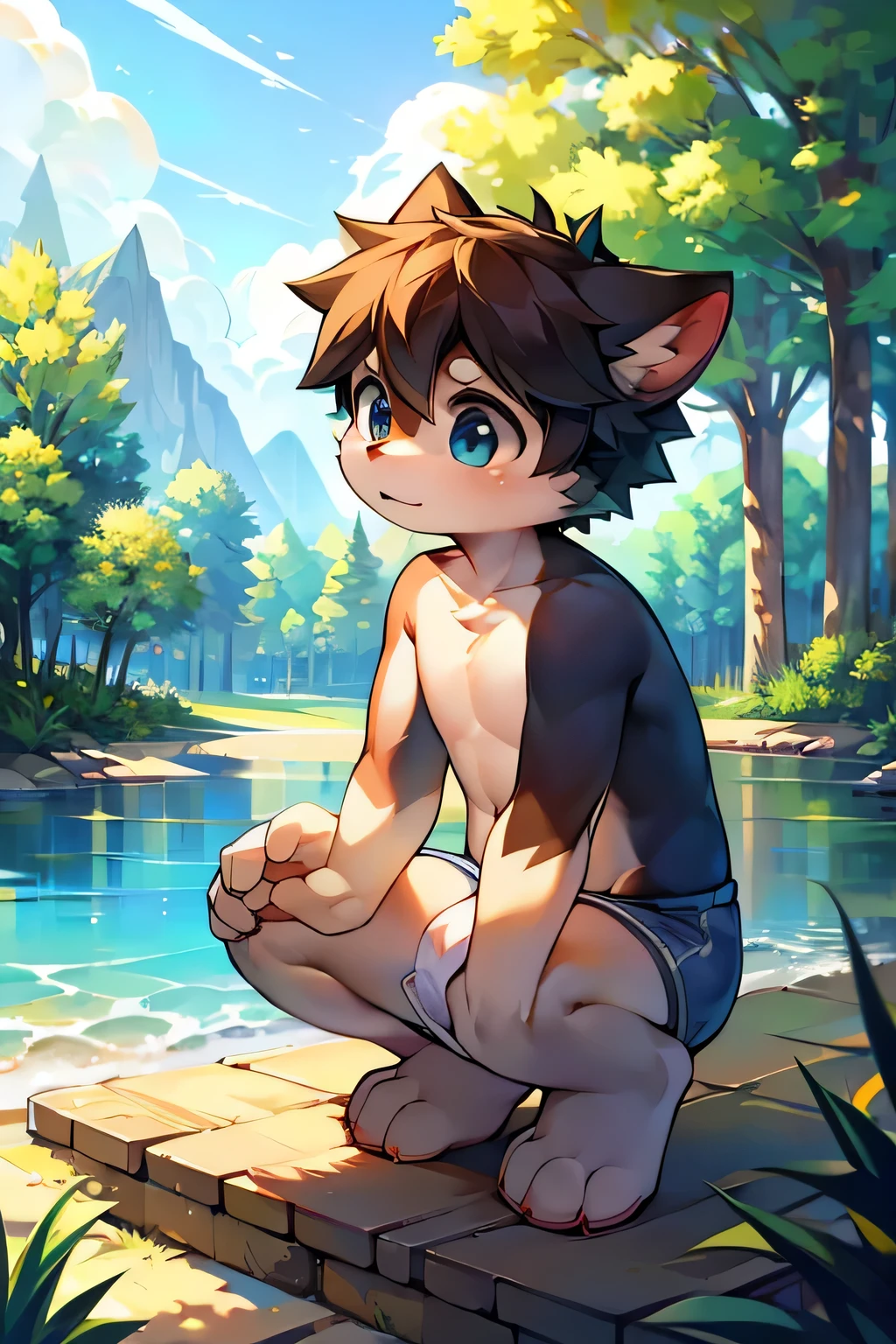 hairy，Shota，swim，（best quality），（masterpiece），Wear only briefs，no shirt，No coat