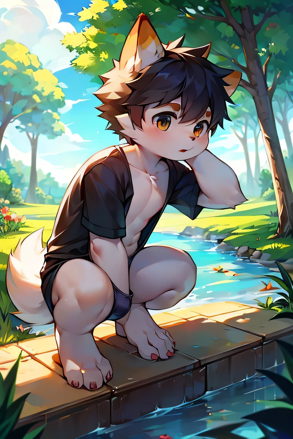 hairy，Shota，swim，（best quality），（masterpiece），Wear only briefs，no shirt，No coat,Squatting