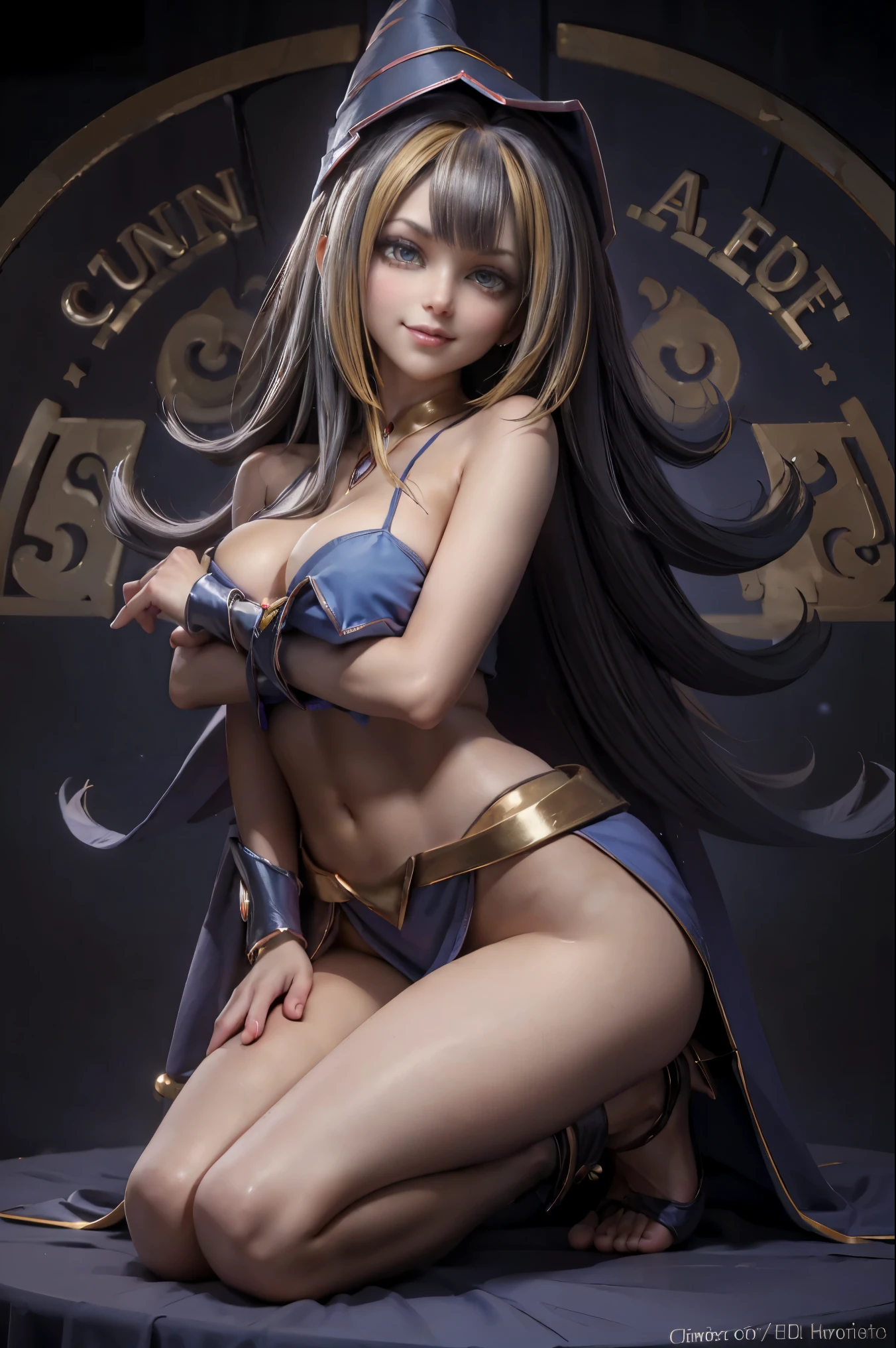 Dark magician gils en el aire, she comes out of a magic circle of the heart. Magic hearts background. Sonrisa en sus labios. Ojos celestes. Cabello dorado. Pose sensual. Levitando en una pie. Tiene tacones. Usa tacones azules y dorados . Usa tacones