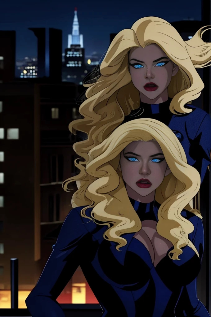 best quality,ultra-detailed,portraits,photorealistic,black canary,superhero,beautiful detailed eyes,beautiful detailed lips,long blonde hair,fit and athletic body,confident expression,strong and powerful pose,fighting in mid-air,city skyline in the background,vivid colors,high contrast lighting