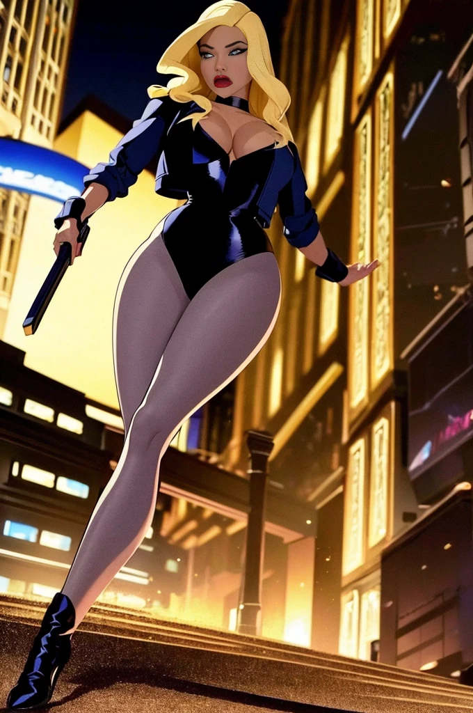 best quality,ultra-detailed,portraits,photorealistic,black canary,superhero,beautiful detailed eyes,beautiful detailed lips,long blonde hair,fit and athletic body,confident expression,strong and powerful pose,fighting in mid-air,city skyline in the background,vivid colors,high contrast lighting