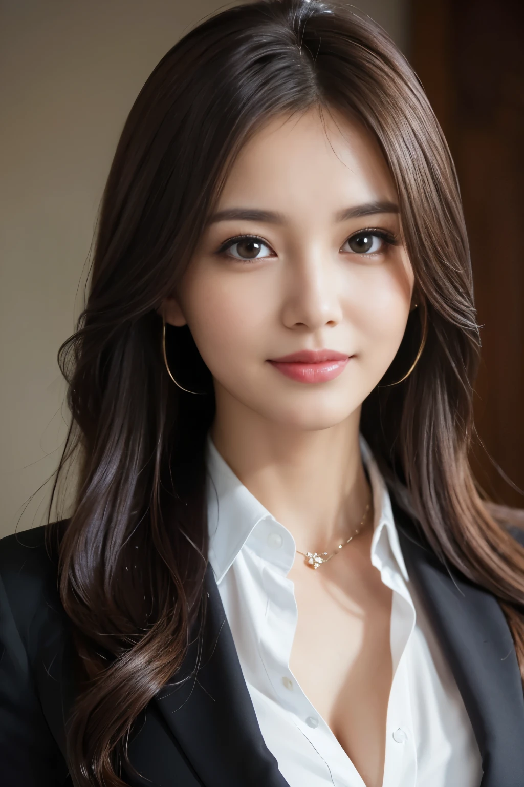 table top, highest quality, realistic, Super detailed, finely, High resolution, 8k wallpaper, 1 beautiful woman,, light brown messy hair, wearing a business suit, sharp focus, perfect dynamic composition, beautiful and detailed eyes, thin hair, Detailed realistic skin texture, smile, close-up portrait, model body shape