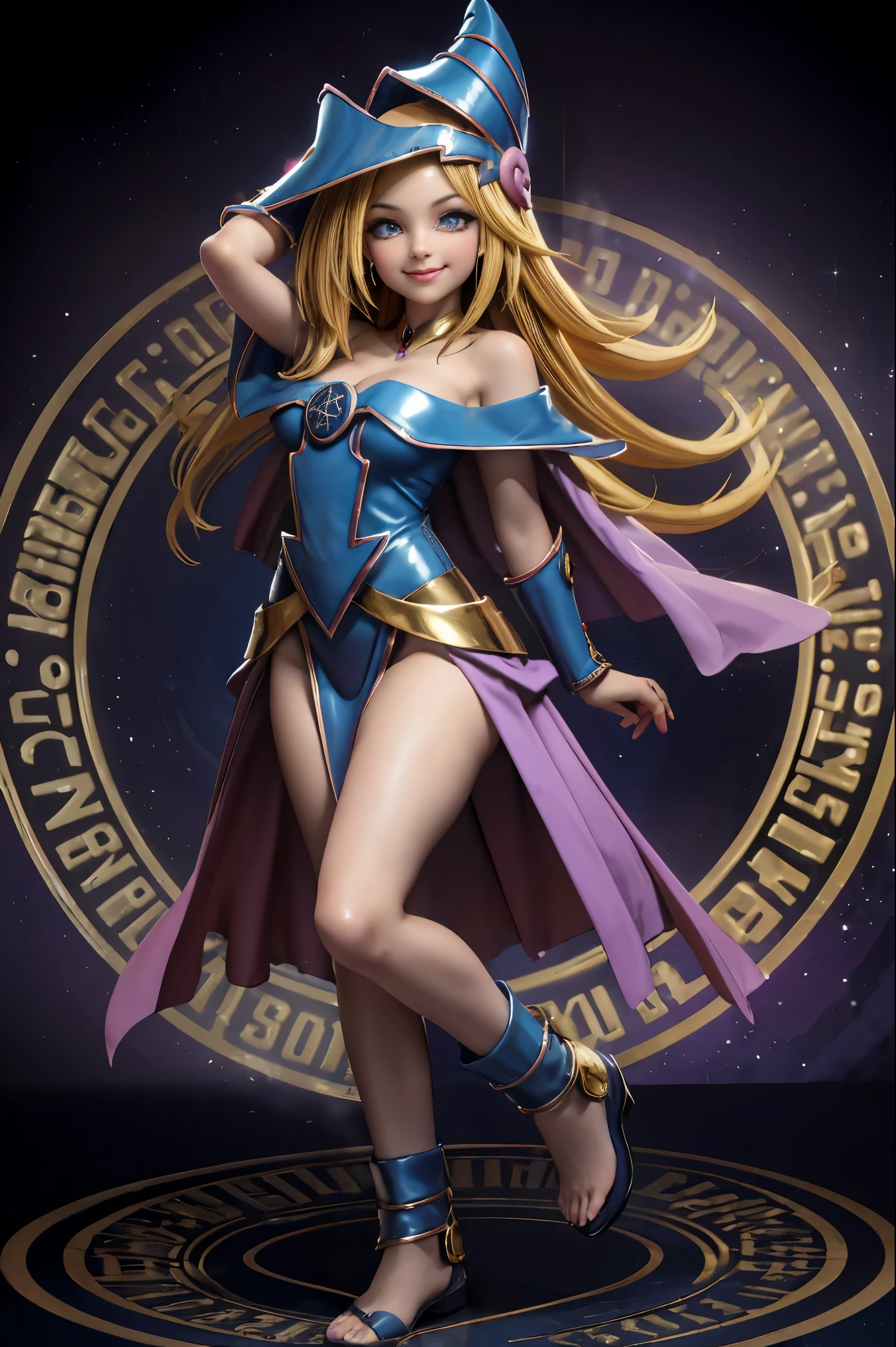 Dark magician gils en el aire, she comes out of a magic circle of heart. Magic hearts background. Sonrisa en sus labios. Ojos celestes. Cabello dorado. Pose sensual. Levitando en una pie. Tiene tacones. Usa tacones azules y dorados . Usa tacones 