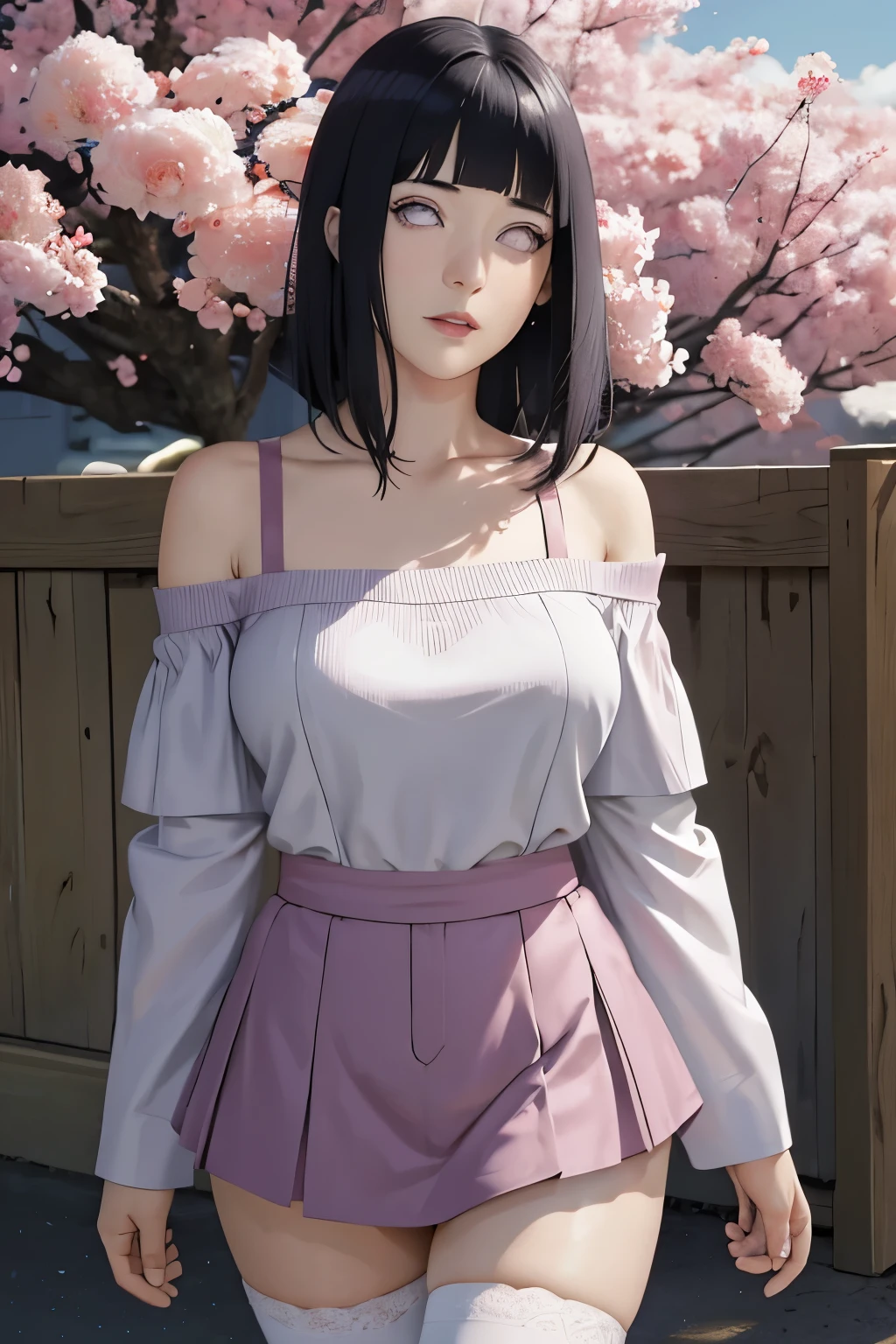 masterpiece, absurdres, hinata\(boruto\), 1girl, solo,mature female, off-shoulder strap bra, high waist short skirt, looking at viewer, (falling petals), perfect composition, detailed lips, big breast, beautiful face, body propotion, blush, (pink lips), long hair, purple eyes, soft gaze, super realistic, detailed, photoshoot, realistic face and body, thighhighs