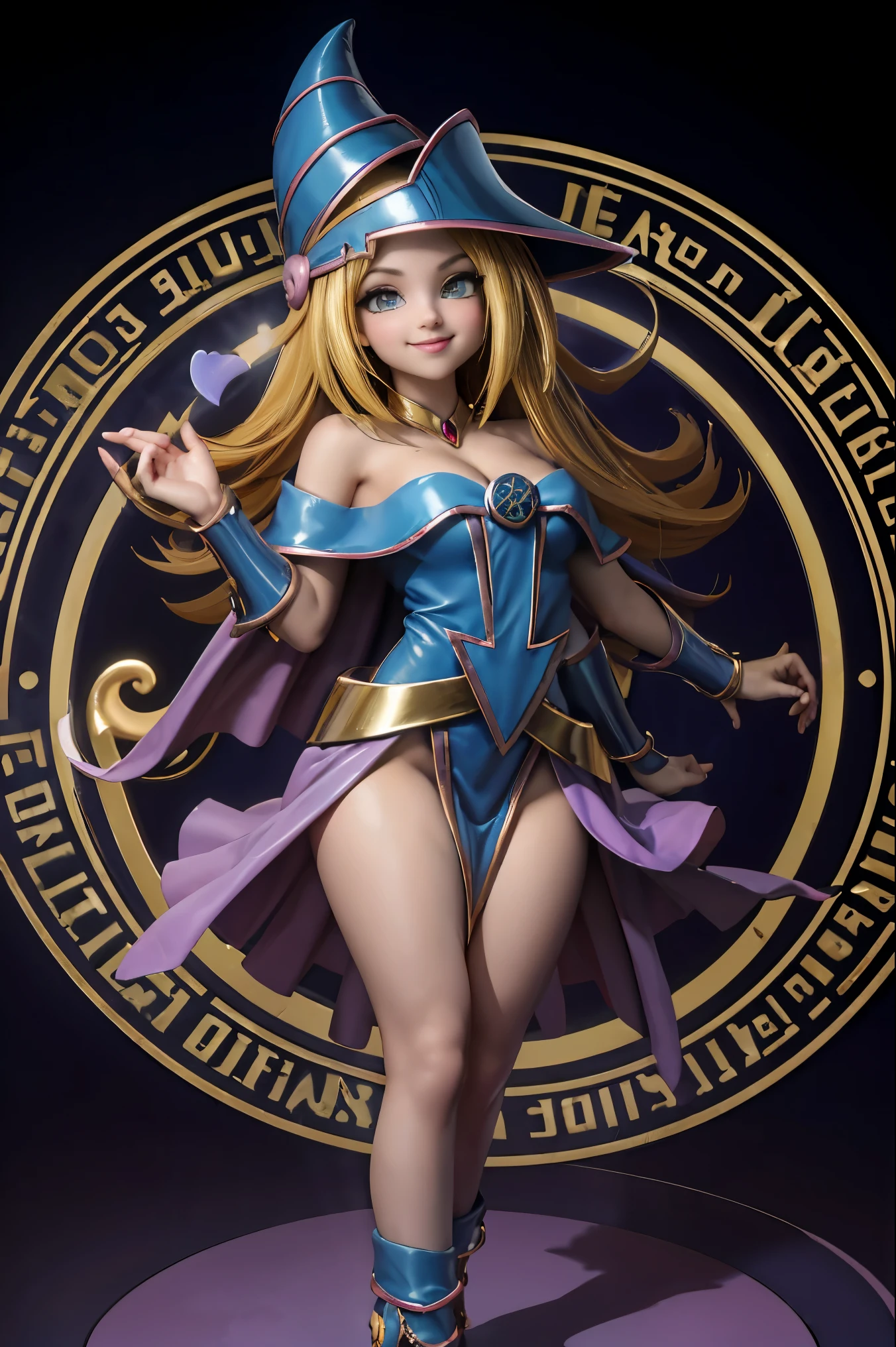 Dark magician gils en el aire, she comes out of a magic circle of heart. Magic hearts background. Sonrisa en sus labios. Ojos celestes. Cabello dorado. Pose sensual. Levitando en una pie. Tiene tacones. Usa tacones azules y dorados . Usa tacones 