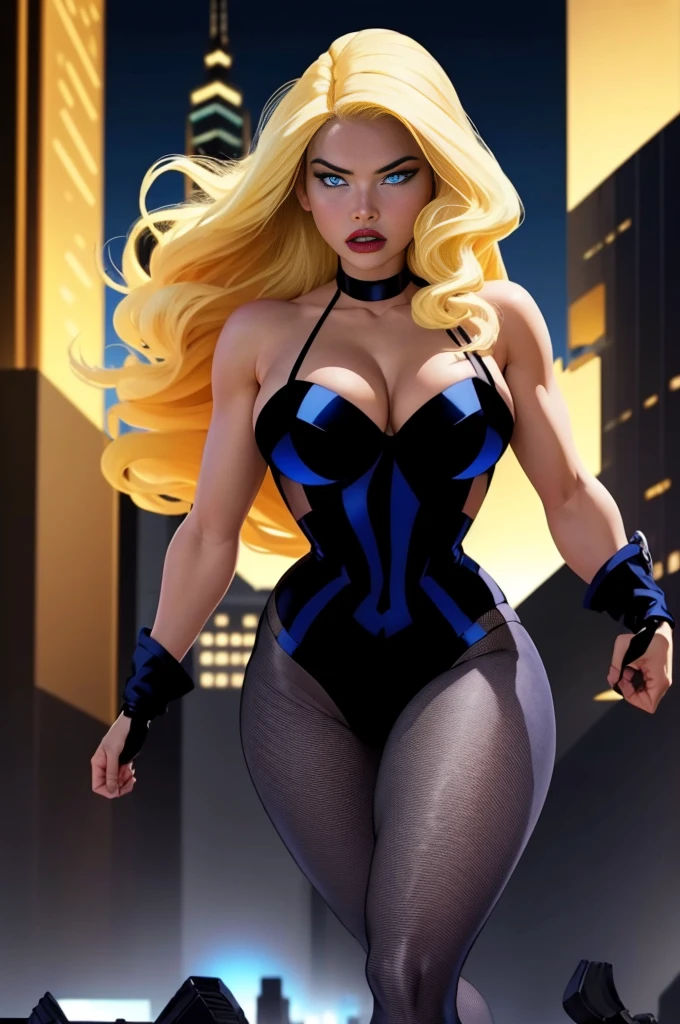 best quality,ultra-detailed,portraits,photorealistic,black canary,superhero,beautiful detailed eyes,beautiful detailed lips,long blonde hair,fit and athletic body,confident expression,strong and powerful pose,fighting in mid-air,city skyline in the background,vivid colors,high contrast lighting