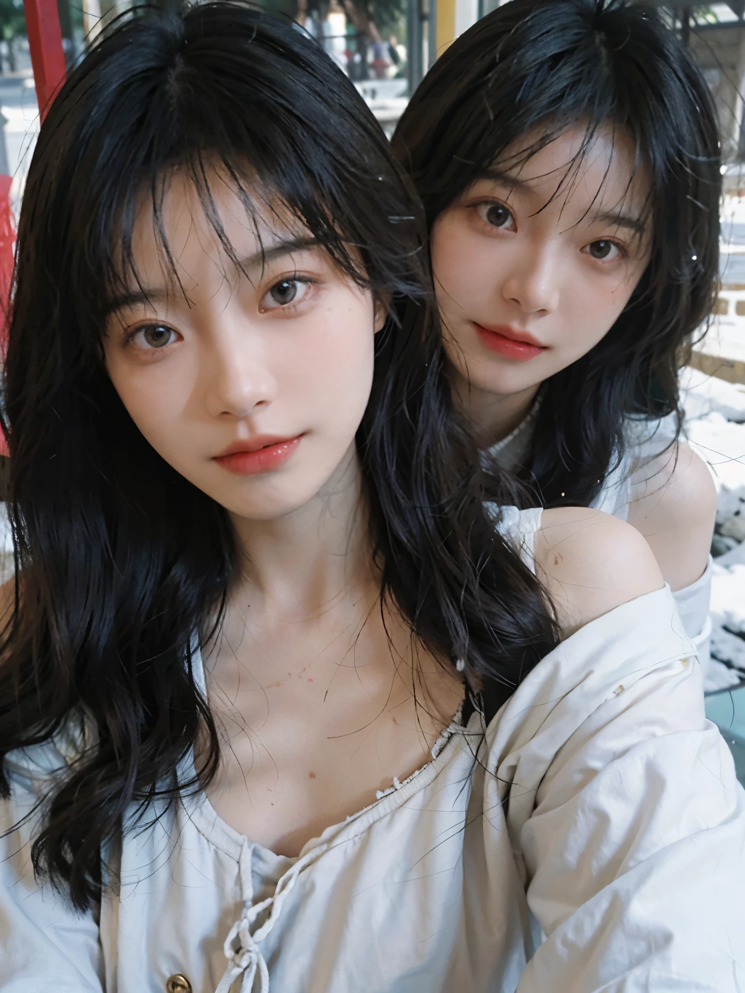 Film portrait photography, 2 girls, 2 girls,background:sun,sunny,twin,bare shoulders, Shoulder length wavy hair, Snow white down jacket,(Realistic and detailed eyes, natural skin texture, Realistic facial details),, depth of field, Bokeh, Vibrant details, Detailed and detailed, Surrealism, 35mm film, hazy, ,Selfie,