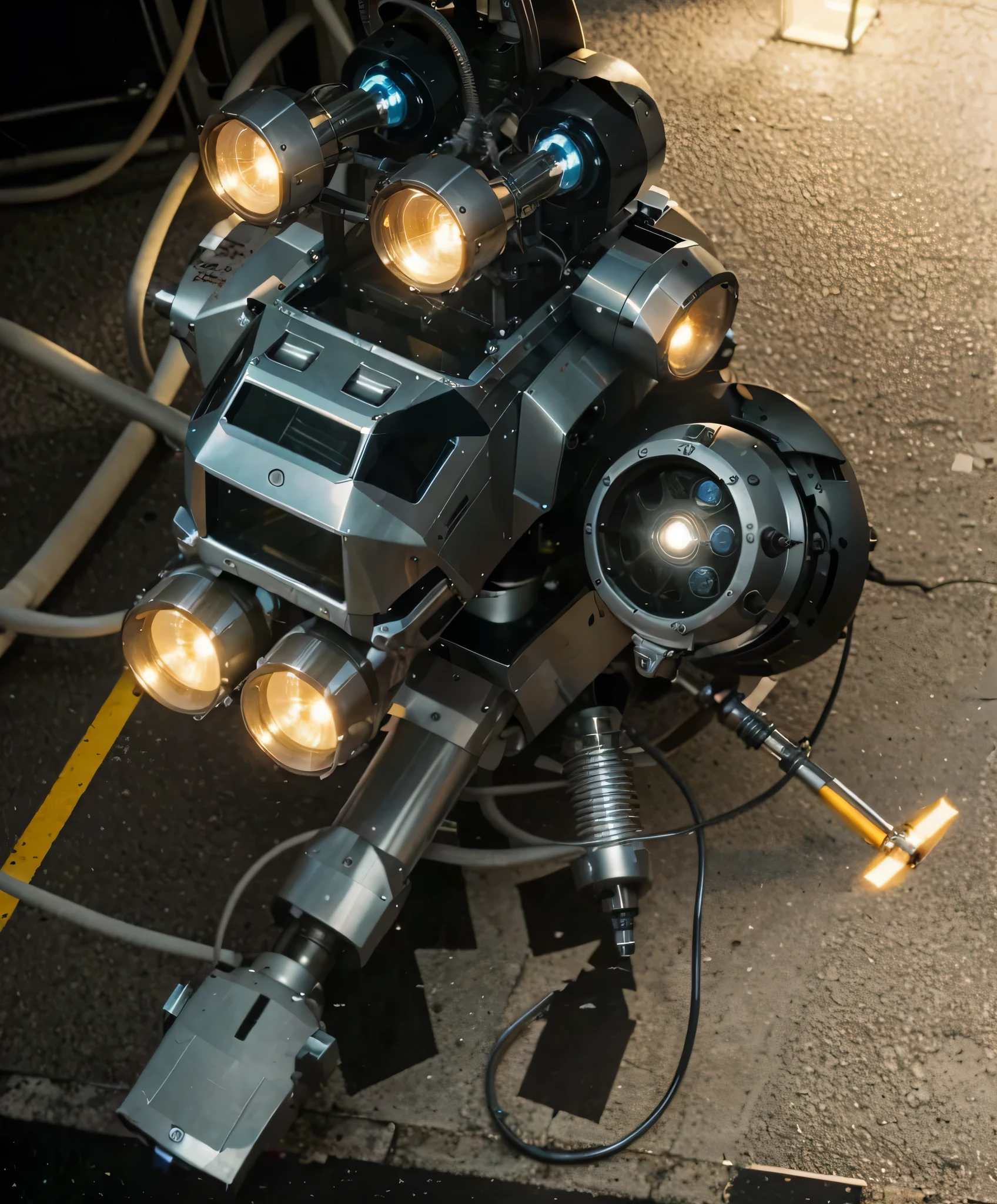 Robot volador, hecho de metal cromado ultraavanzado, tiene turbinas, paneles de vidrio azul, tiene varias lamparas de luz, has a robotic arm with a robotic claw, esta levitando sobre el asfalto, dentro de un laboratorio, cables y tubos, Vista superior , Hyper Realista, 4k, Imagen ultra detallada, Realista, muy detallado, perfect composition, beautiful intricately detailed incredibly detailed, Artistic photography in 8K, hiper detallado, Obra maestra