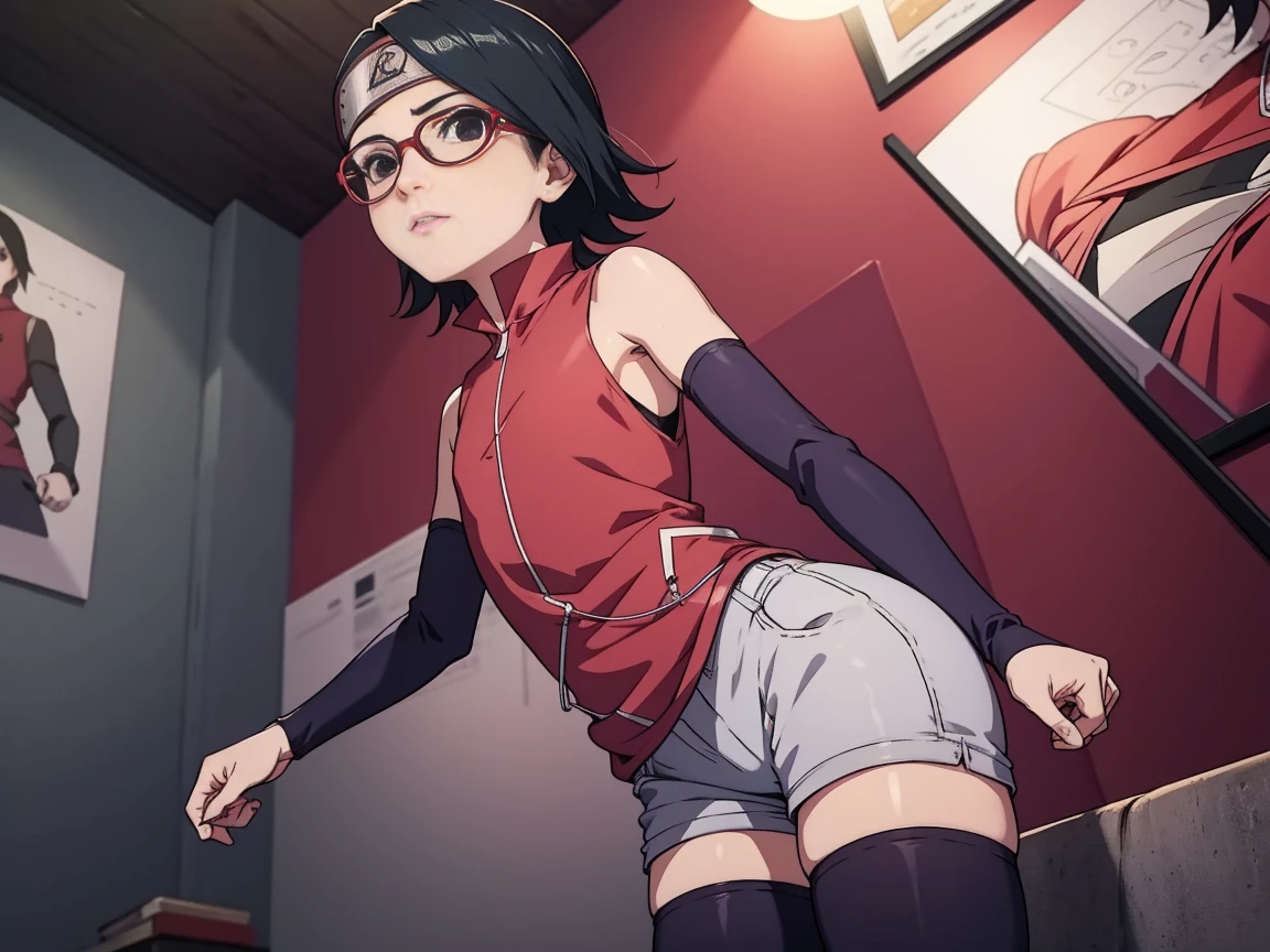 1girl, From below, Standing, Sarada Uchiha, glasses, black thighs, arm warmers, forehead enhancer, shorts, short hair, tiny chest, black eyes, small hips, small ass, anime screenshot, hentai,  , 