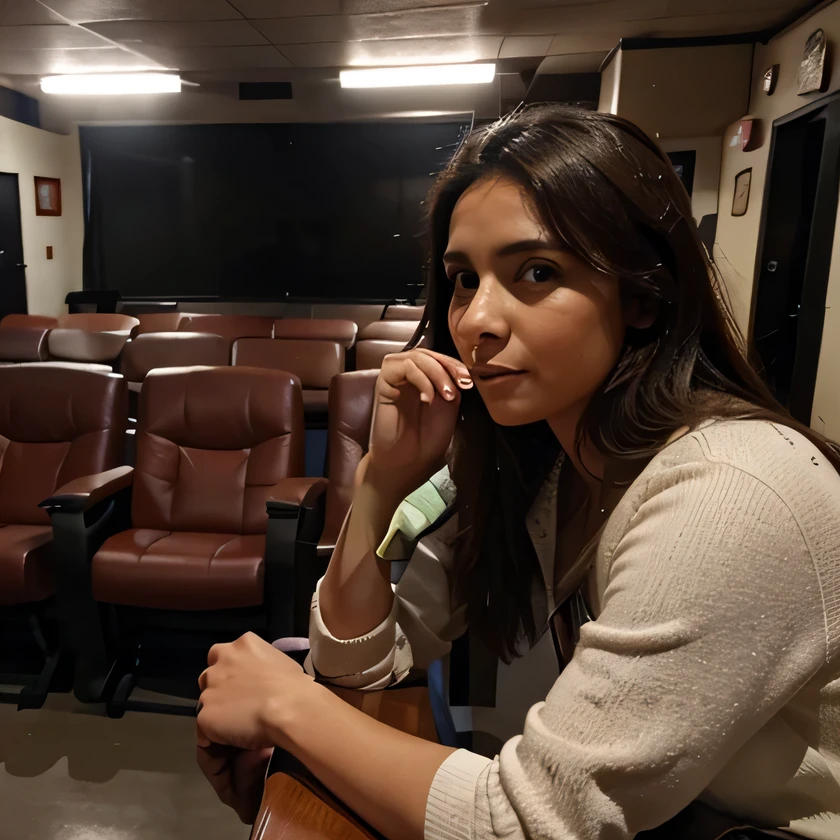Mujer centada en una sala de cine mientras toma una bebida