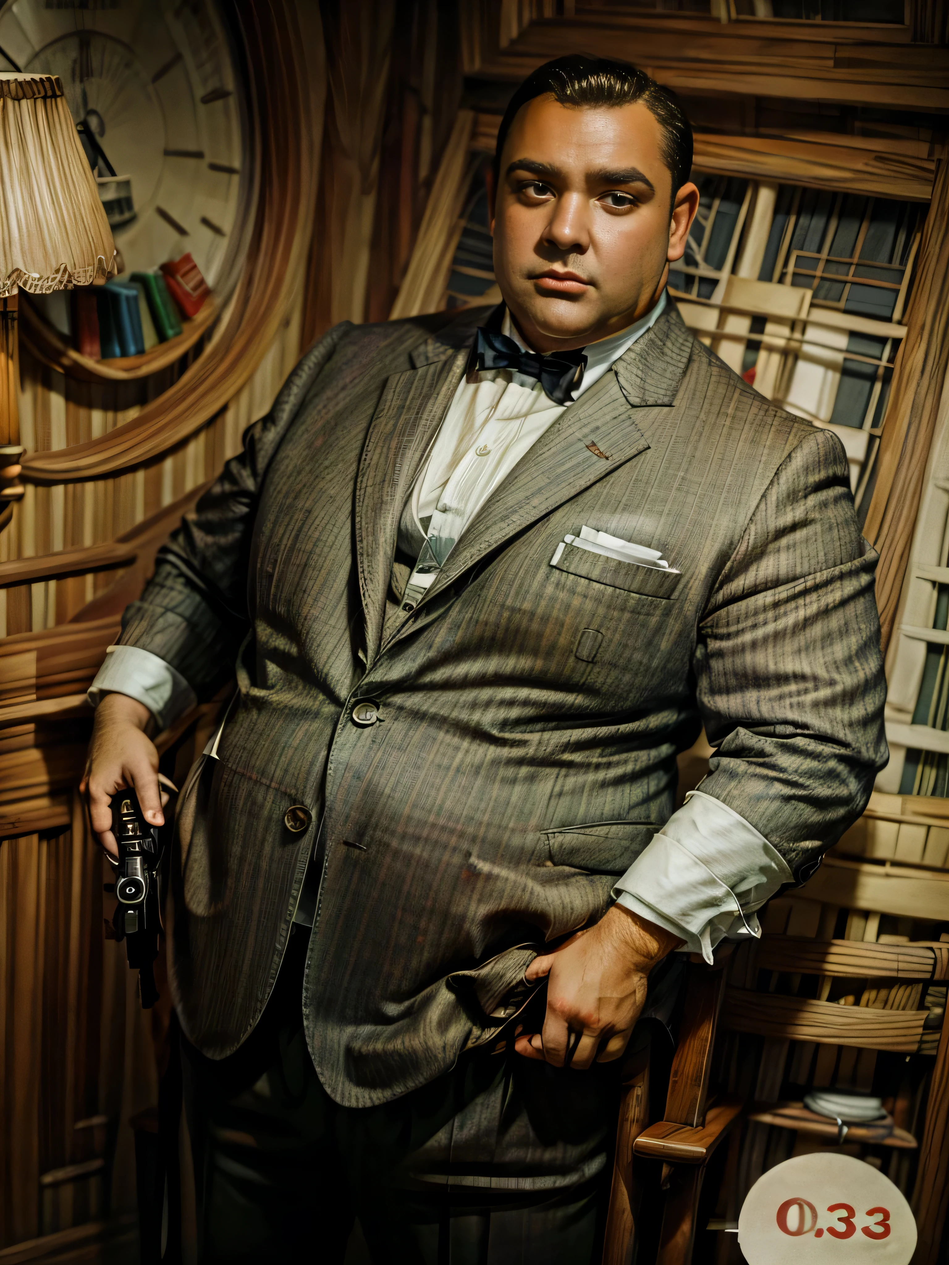 1930, massachusetts mountain village. Pre-raphaelite ((((45-year-old)) (extremely very very fat, 950 pounds: 1,9) fat James Bond, in a too small suit, with a gun, in Monaco ((((casual Clothing from the 1930s)))) ((Hairstyle of the 1930s)), ((Wes Anderson cinematic style)), colorful. 