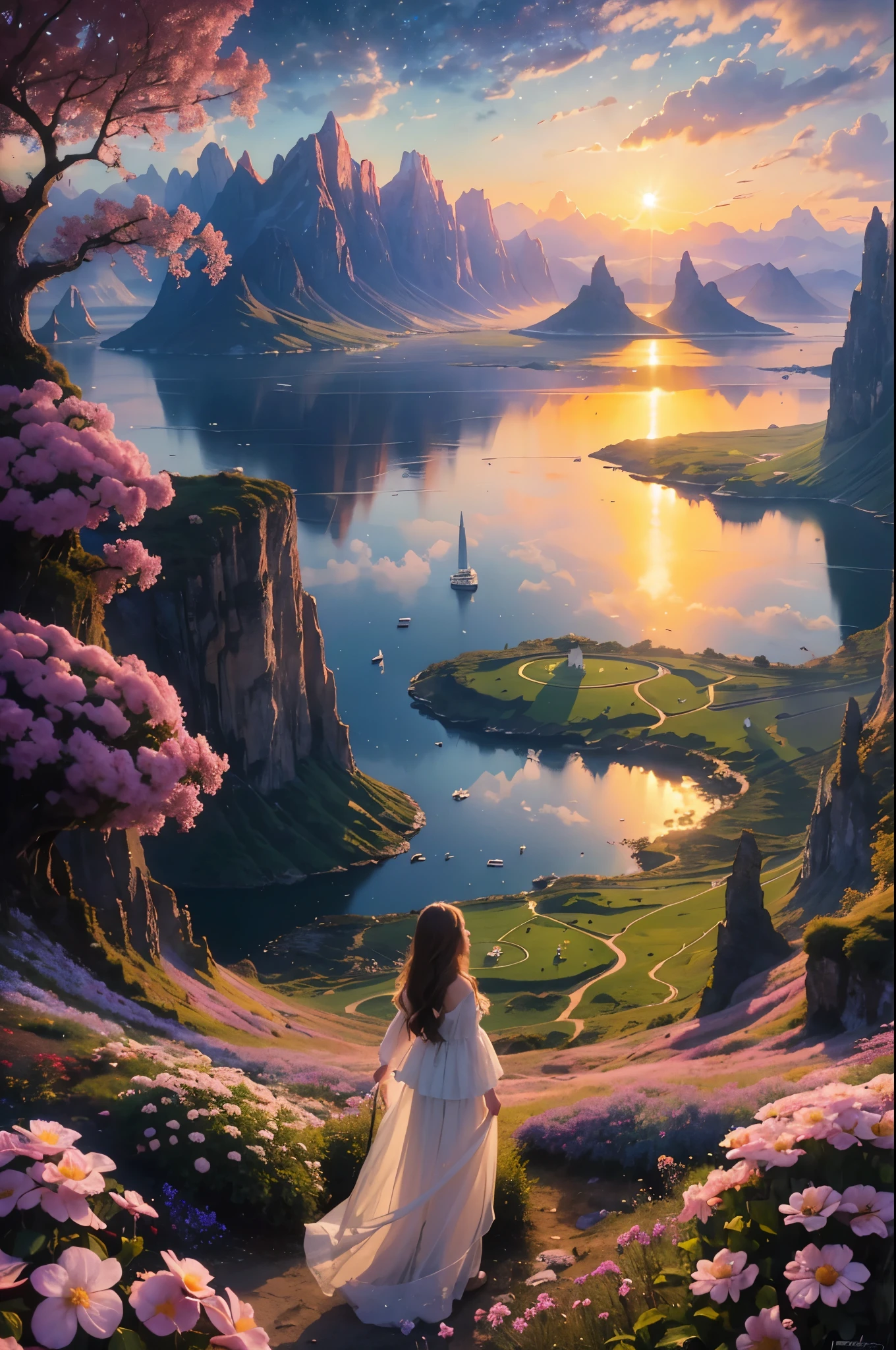 lanscape, 8k potrait of beautiful landscape with woman standing back, intricate, elegant, realistic depth of field photography, perfect natural lighting (masterpiece, sidelighting, finely detailed beautiful lanscape), long hair, realistic lots of hair, realistic suit, realistic mountain, realistic sky, beautiful sky, ray of light, rule of third photography, point of interest photography, perfect lanscape color tone, realistic lake, realistic flower, realistic grass, realistic climb, realistic tree, sureal photography, girl with white dress