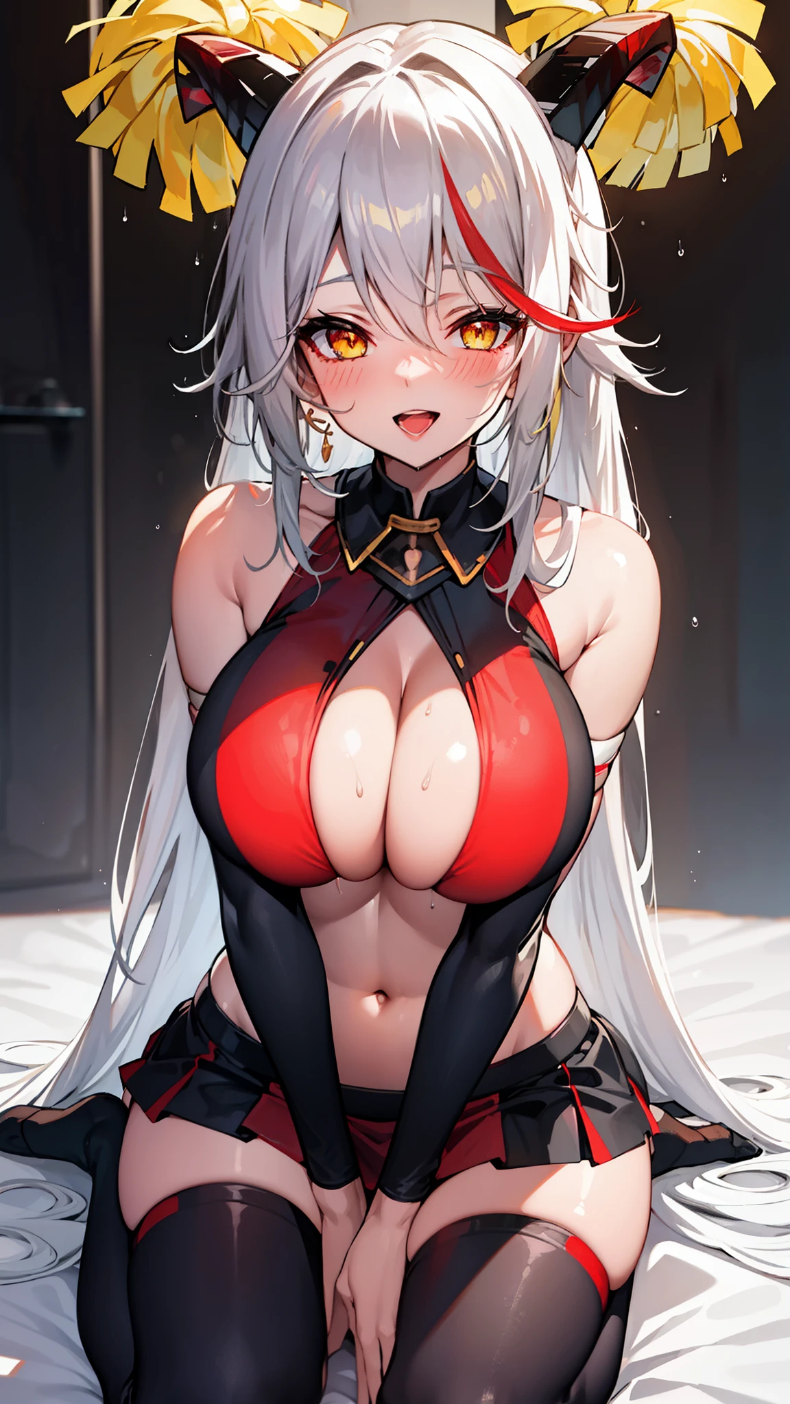 open mouth, huge breasts, looking at the audience, white hair,,long hair,black horn,red multicolored hair,yellow eyes,,slim, ,cowboy shot,,blush,bright screen,smile,bare shoulder,cheerleader,cleavage,,kneeling,,wet,close up,on bed,navel