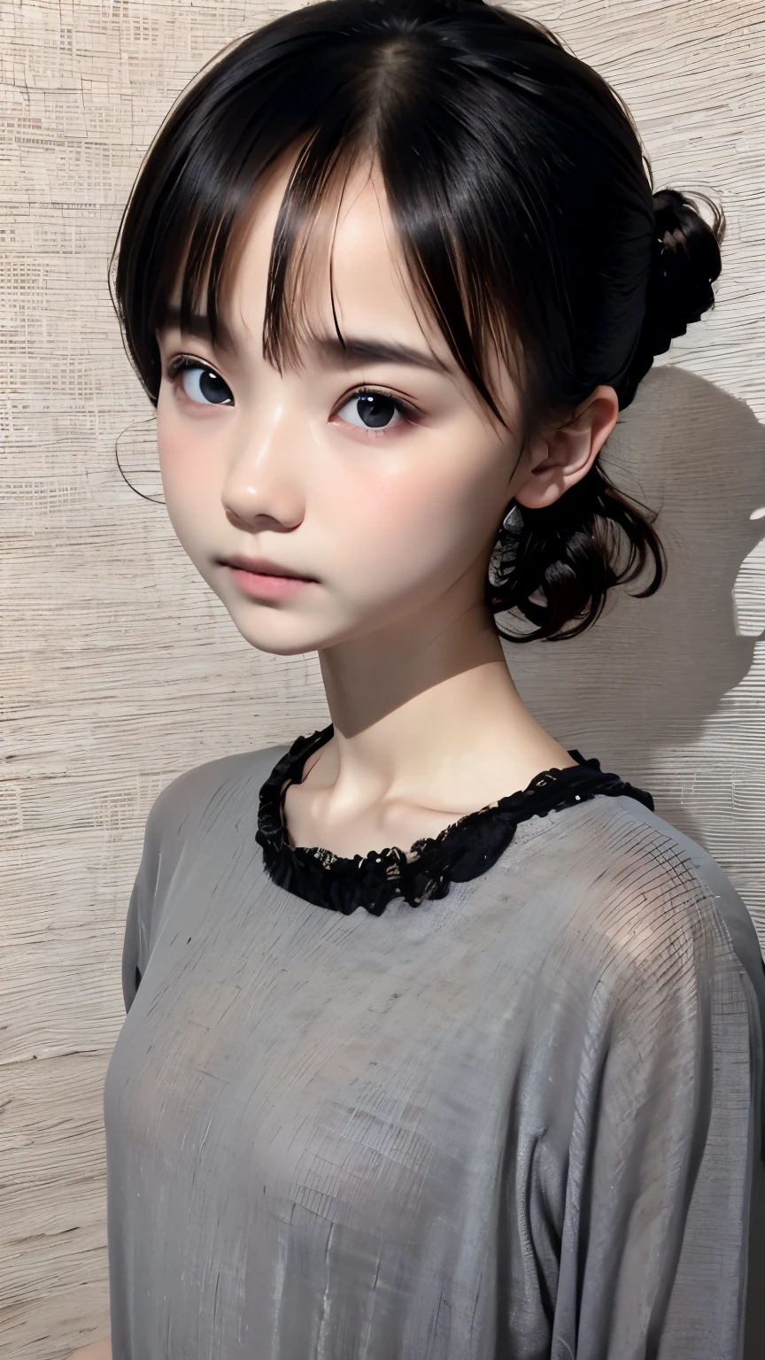 ((wallpaper 8k)), ((surreal)), ((Quality with attention to detail:1.2)), 1 girl, １４talent、kind eyes、plump lips、ash gray hair、french braid、natural look、(((small breasts、small breasts)))、black classy dress,black capelet, look up, widespread poverty, short cut hair、short hair twin tails、ash gray hair:1.5、white skin、