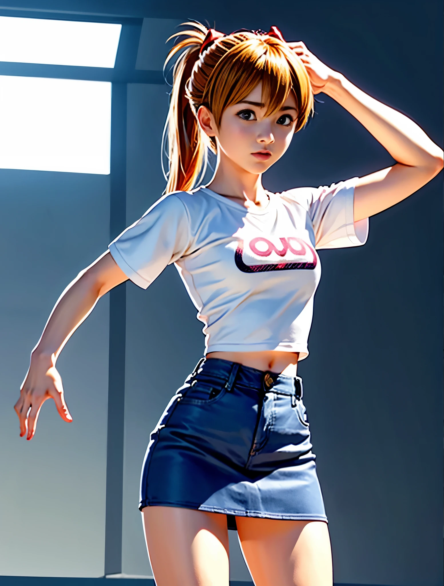 白いシャツとデニムmini skirtを着たアラッフェのアジア人女性, She opens her legs and shows her panties.、タイトなmini skirt、Asuka Langley with ponytail、Realistic anime 3d style, korean girl, mini skirt、wears tight and simple clothes, casual clothesを着ている, realistic!!!!!!! art style, 超mini skirt、tight shirt, wearing tight shirt, Arab Asian woman with gorgeous long hair and white shirt, デニムのmini skirt、超mini skirt、デニムのmini skirt、casual clothes装, casual clothes, wearing a crop top, tight shirt, wears tight and simple clothes, wearing a torn crop t-shirt, white trendy clothes, wearing casual clothes装, ( ( ( wearing jeans ) ) ), 韓国の女性フmini skirt、mini skirt、Denimini