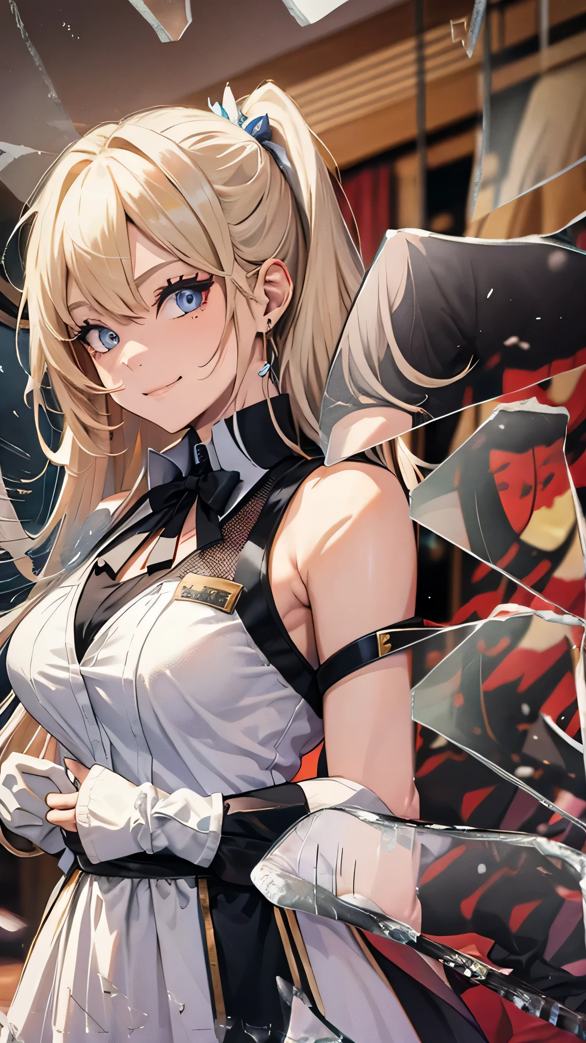 最high quality、best image quality、masterpiece、teenage girl((20-year-old、 By becoming、vest bust、medium bust,wide open breast tea、shining eyes, blonde hair、long hair、thin,highest valley、ponytail、bartender costume skirt、holding a wine bottle、smile、black gloves、chest holder、breastfeeding、leaning forward)),high quality、beautiful art、background((night bar))debris flies、Depth of written boundary、movie、visual art、perfect art、8k,genuine、