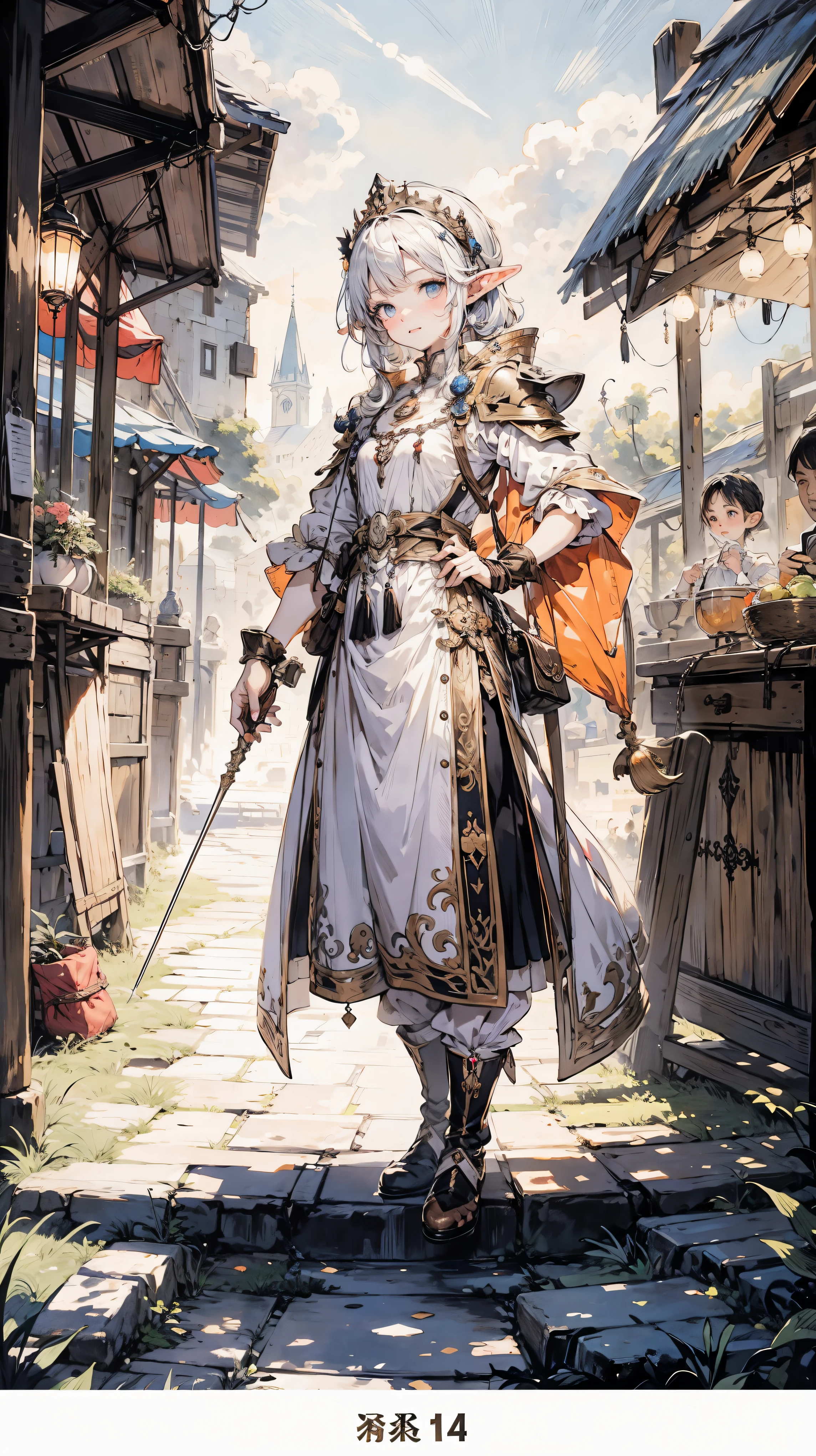 Elf Girl white hair.,colorful eyes, ((full body)), (perfect_fingers:1.0), (perfect_legs:1.0), More_Detail, better_hands. sunrise,beautiful sky ,colorful sky, medieval outfit , people in background,inside a tavern ,medieval tavern, adventurers
