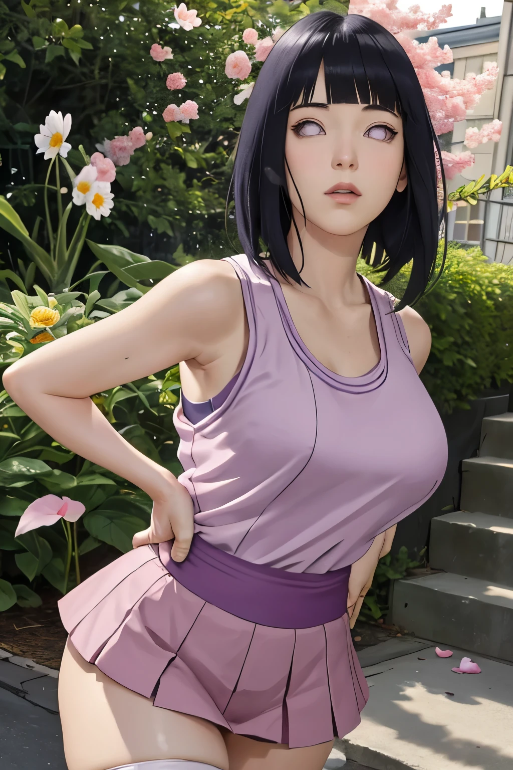 masterpiece, absurdres, hinata\(boruto\), 1girl, solo,mature female, tanktop, high waist short skirt, looking at viewer, (falling petals), perfect composition, detailed lips, big breast, beautiful face, body propotion, blush, (pink lips), long hair,  purple eyes,  soft gaze,  super realistic, detailed, photoshoot, realistic face and body, thighhighs