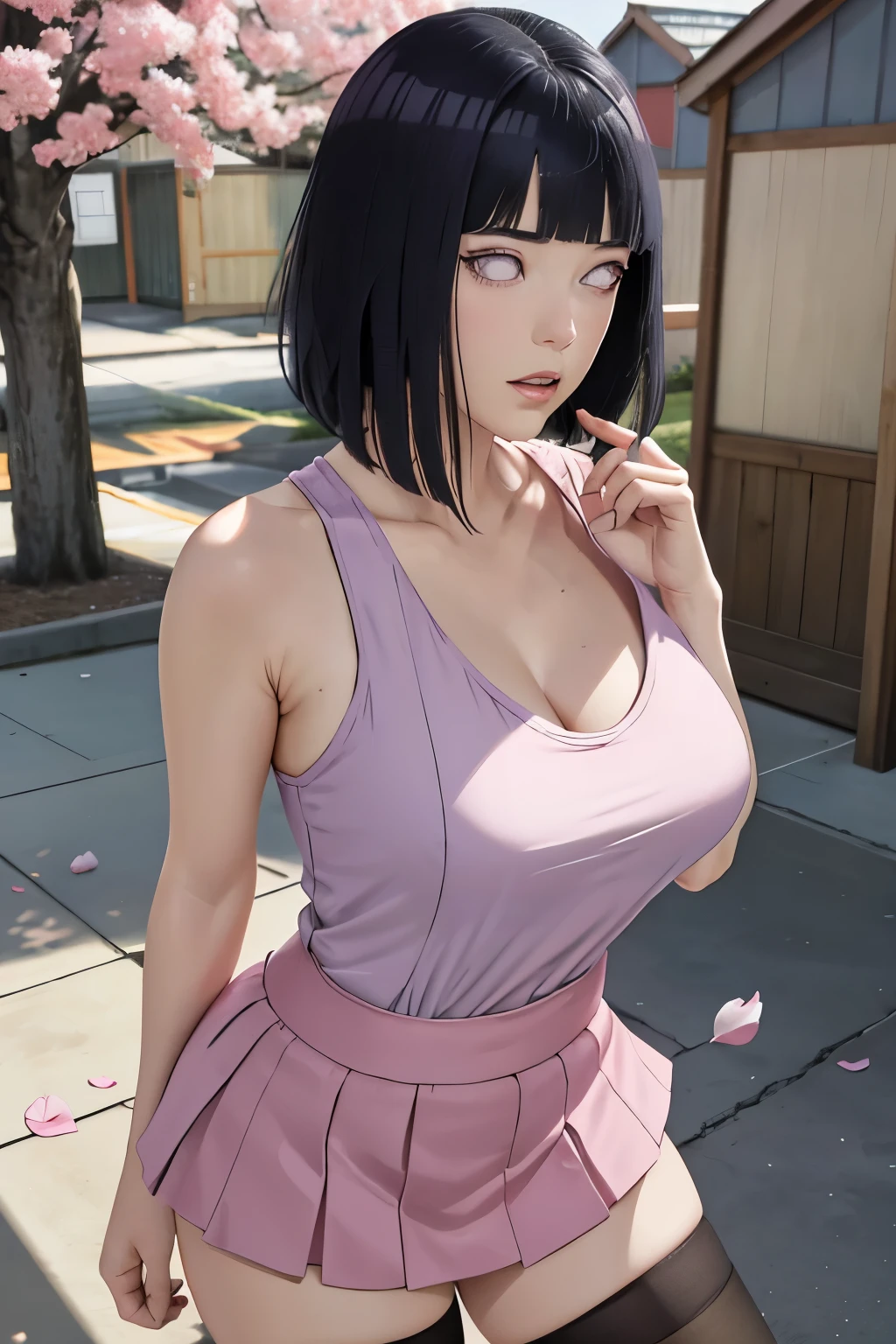 masterpiece, absurdres, hinata\(boruto\), 1girl, solo,mature female, tanktop, high waist short skirt, looking at viewer, (falling petals), perfect composition, detailed lips, big breast, beautiful face, body propotion, blush, (pink lips), long hair, purple eyes, soft gaze, super realistic, detailed, photoshoot, realistic face and body, thighhighs